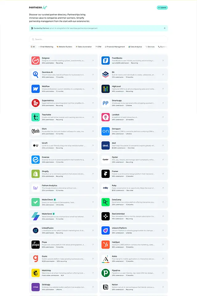 Partnero List landing page