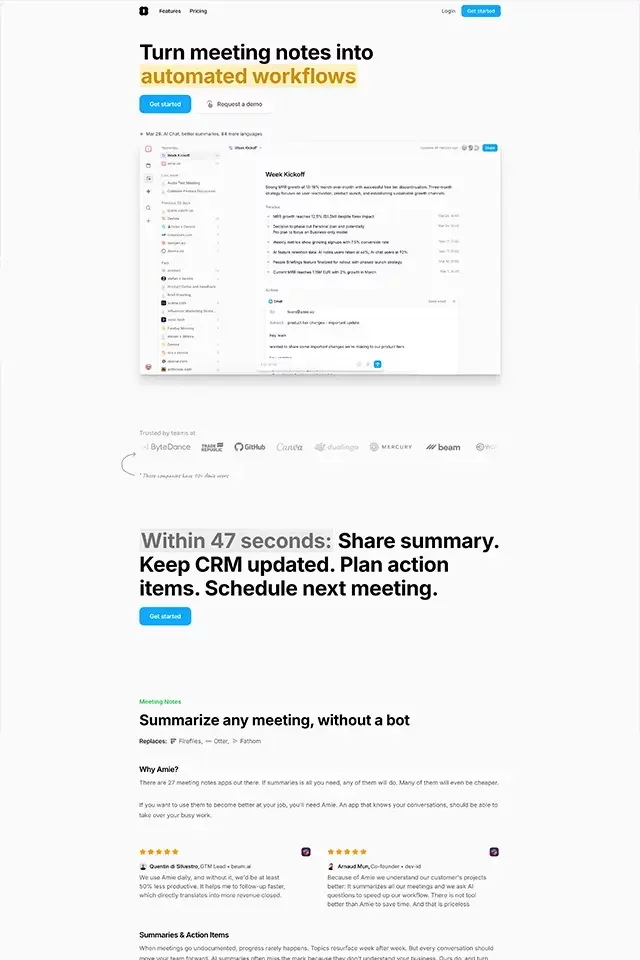 Amie landing page