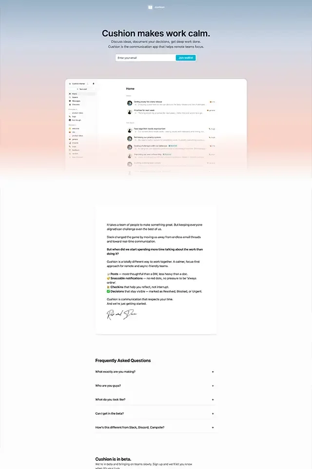 Cushion landing page