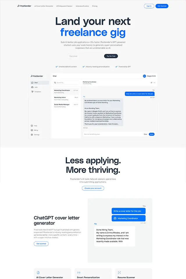 Postlander landing page