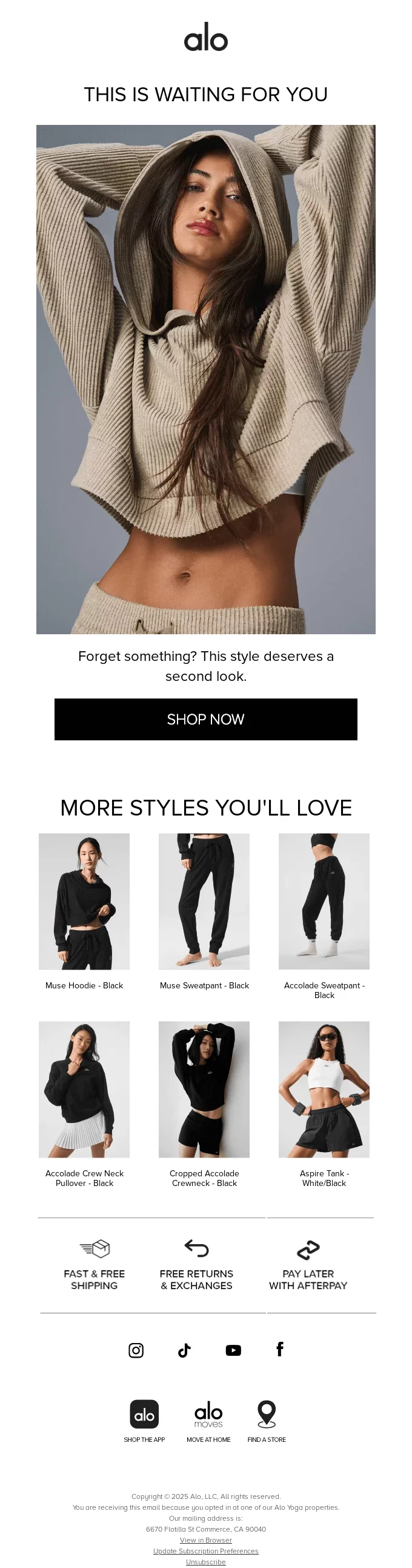 Newsletter Email Example Made by Alo Yoga for Fashion