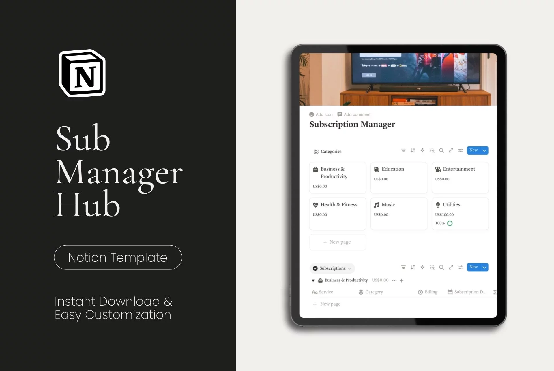 Notion Subscription Manager | Finance & Budgeting Template