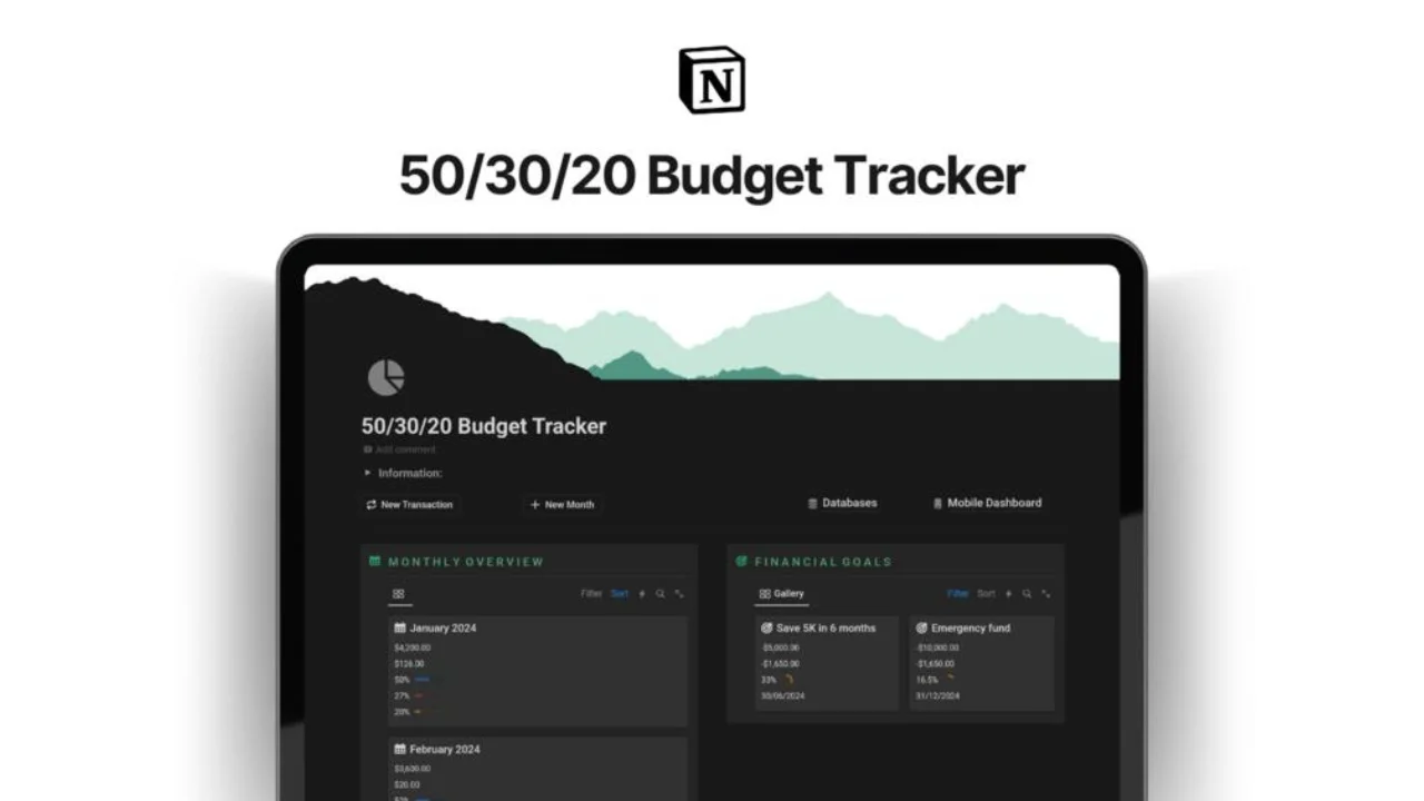 50/30/20 Budget Tracker | Plantilla Notion