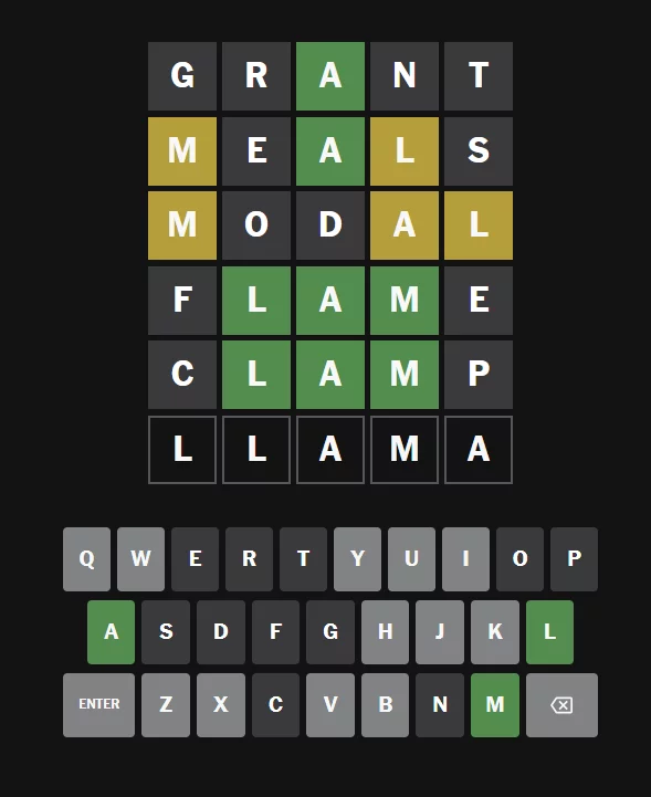 A screen shot of the Wordle game on the New York Times website.