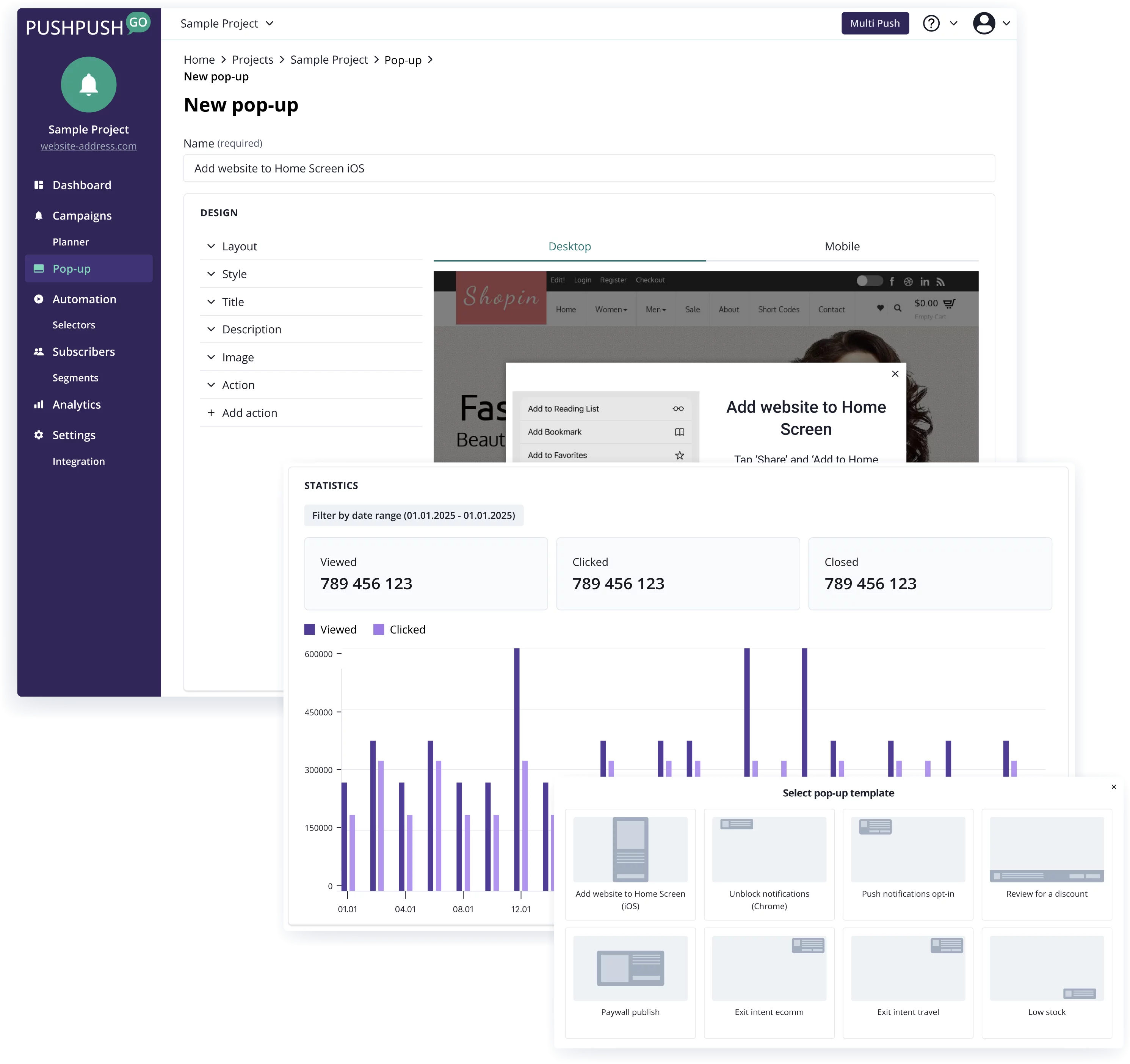 pushpushgo pop-up dashboard
