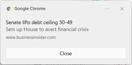 A web push by Business Insider about a new story concerning debt ceiling in the USA