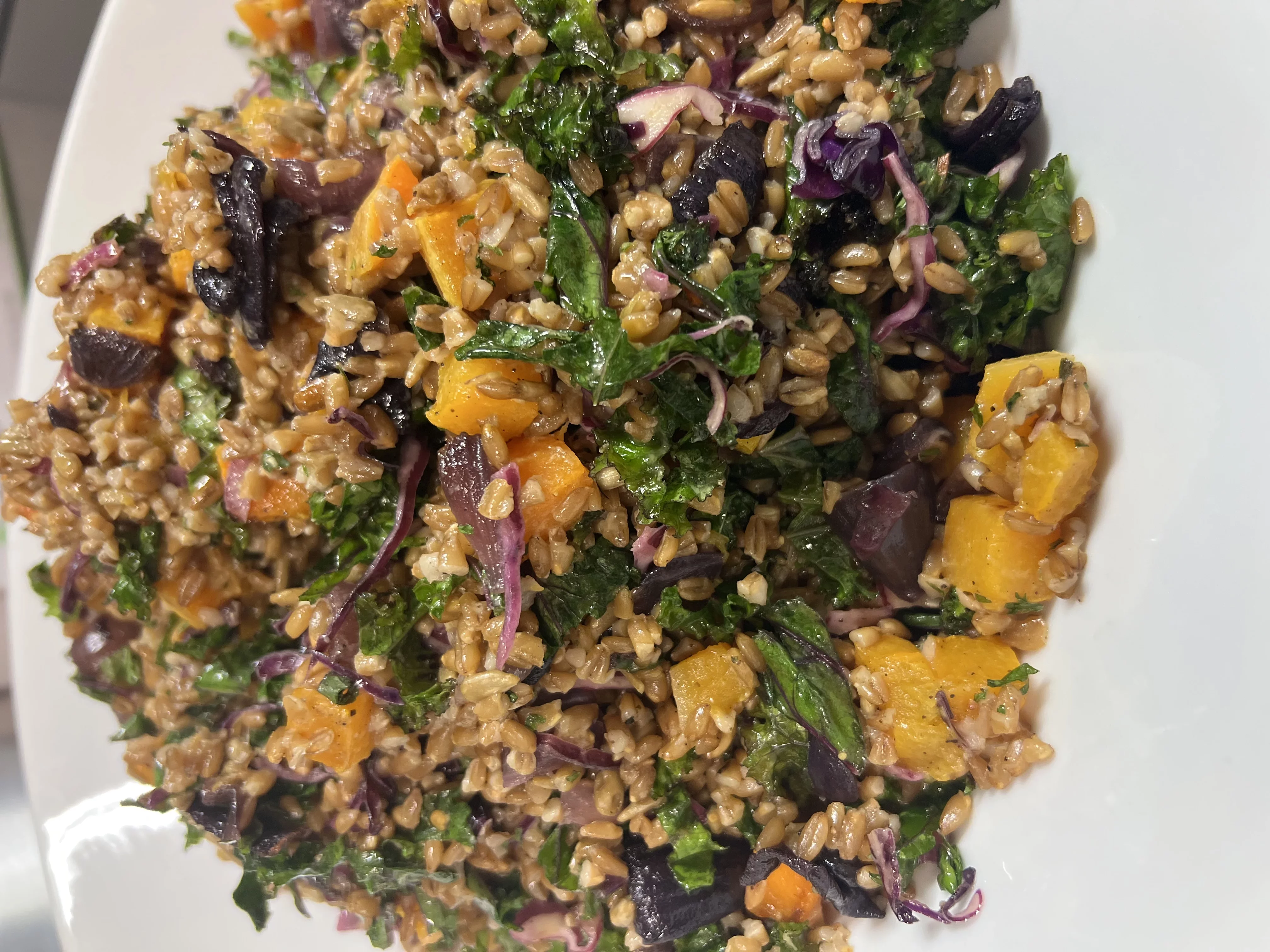 Roasted Veggie Farro Salad with Maple Tahini Dressing