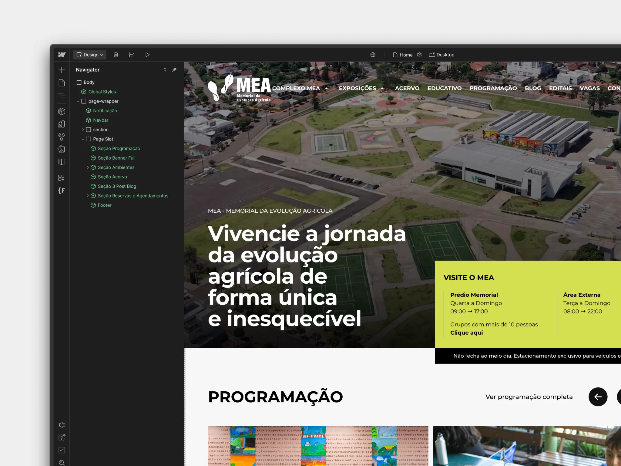 Website do MEA, Memorial da Evolução Agrícola, dentro do Webflow.