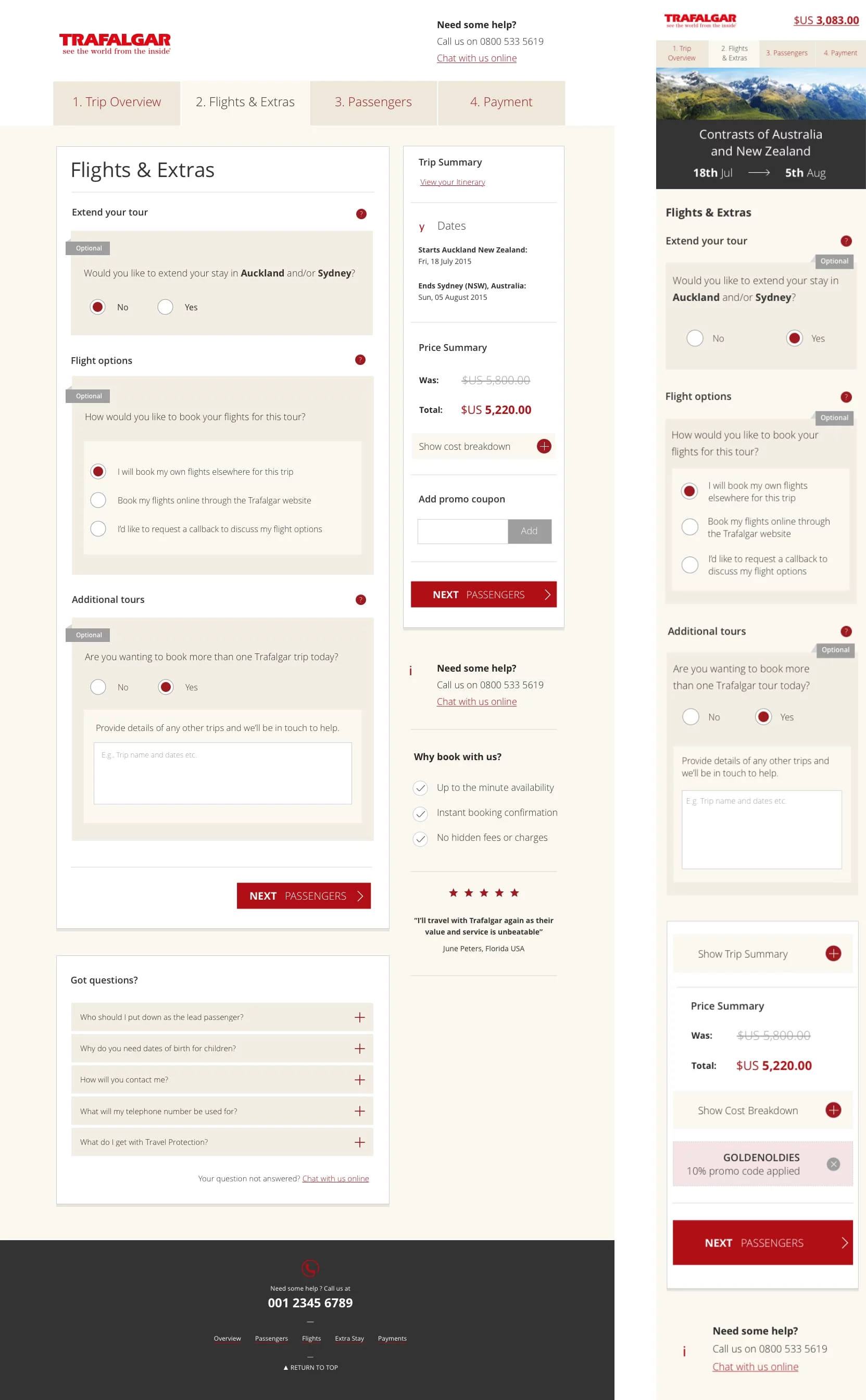 Booking engine flight and extras selection