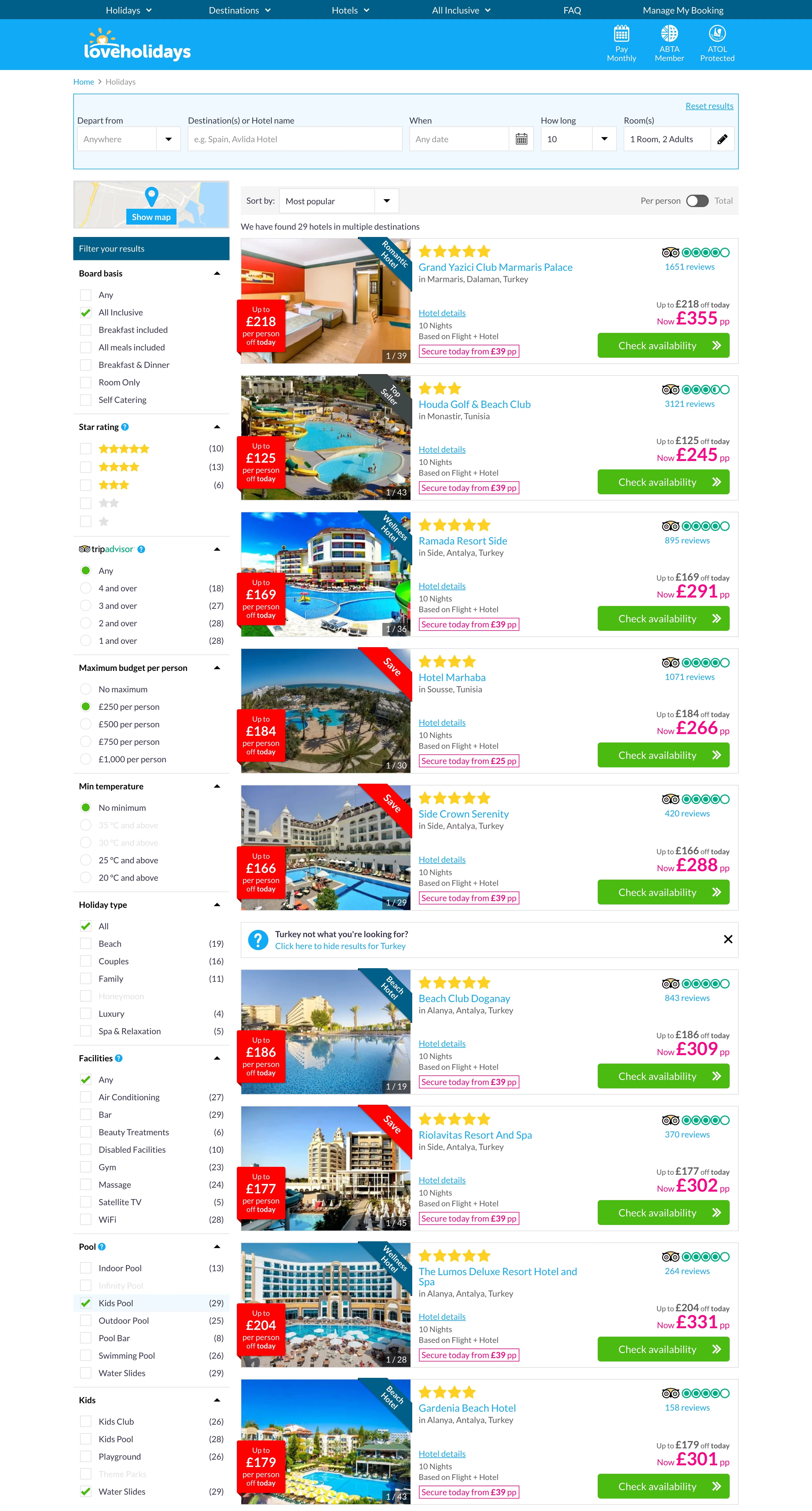 Holidays search results page
