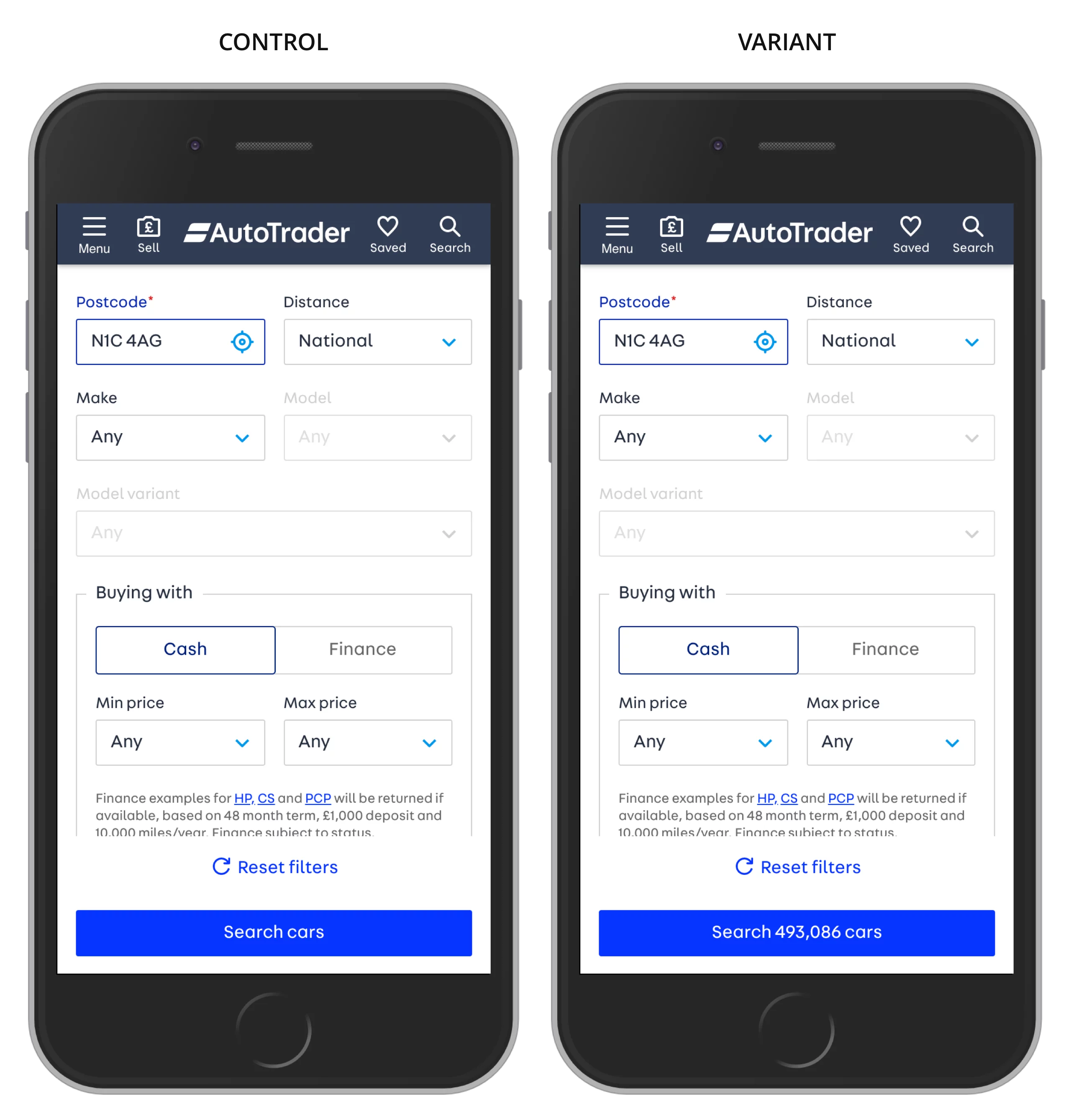 A/b testing search count on button