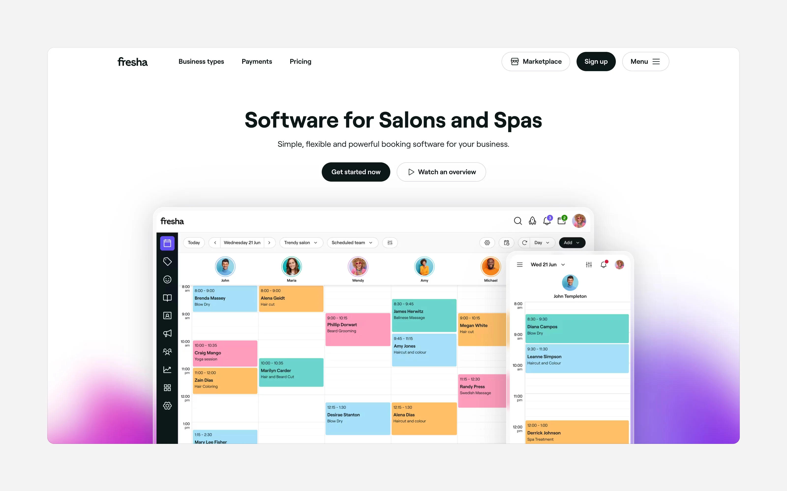Massage appointment calendar – Fresha interface