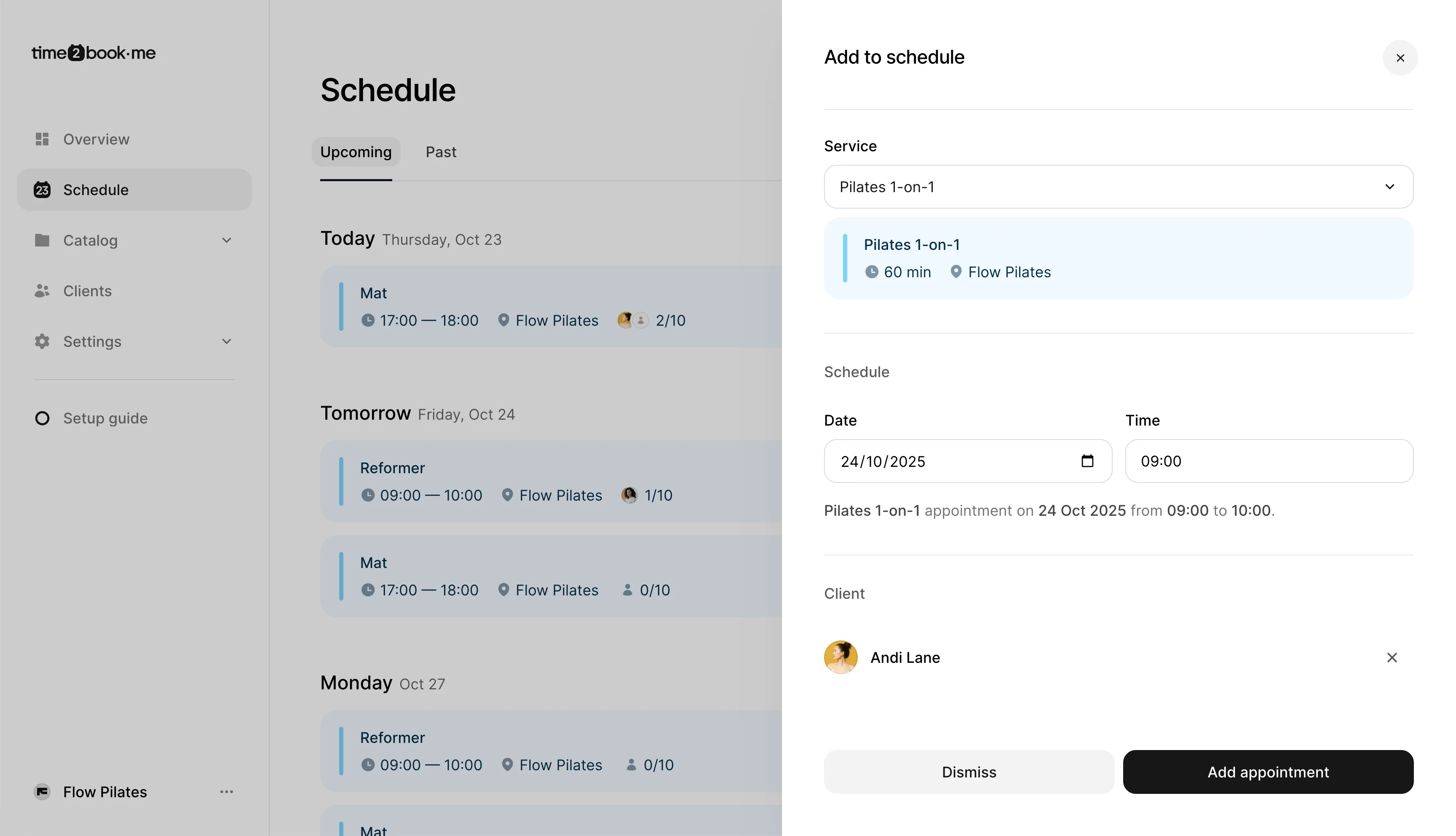 Appointment details panel in Time2book showing confirmed booking for Pilates 1-on-1 with client name and membership.