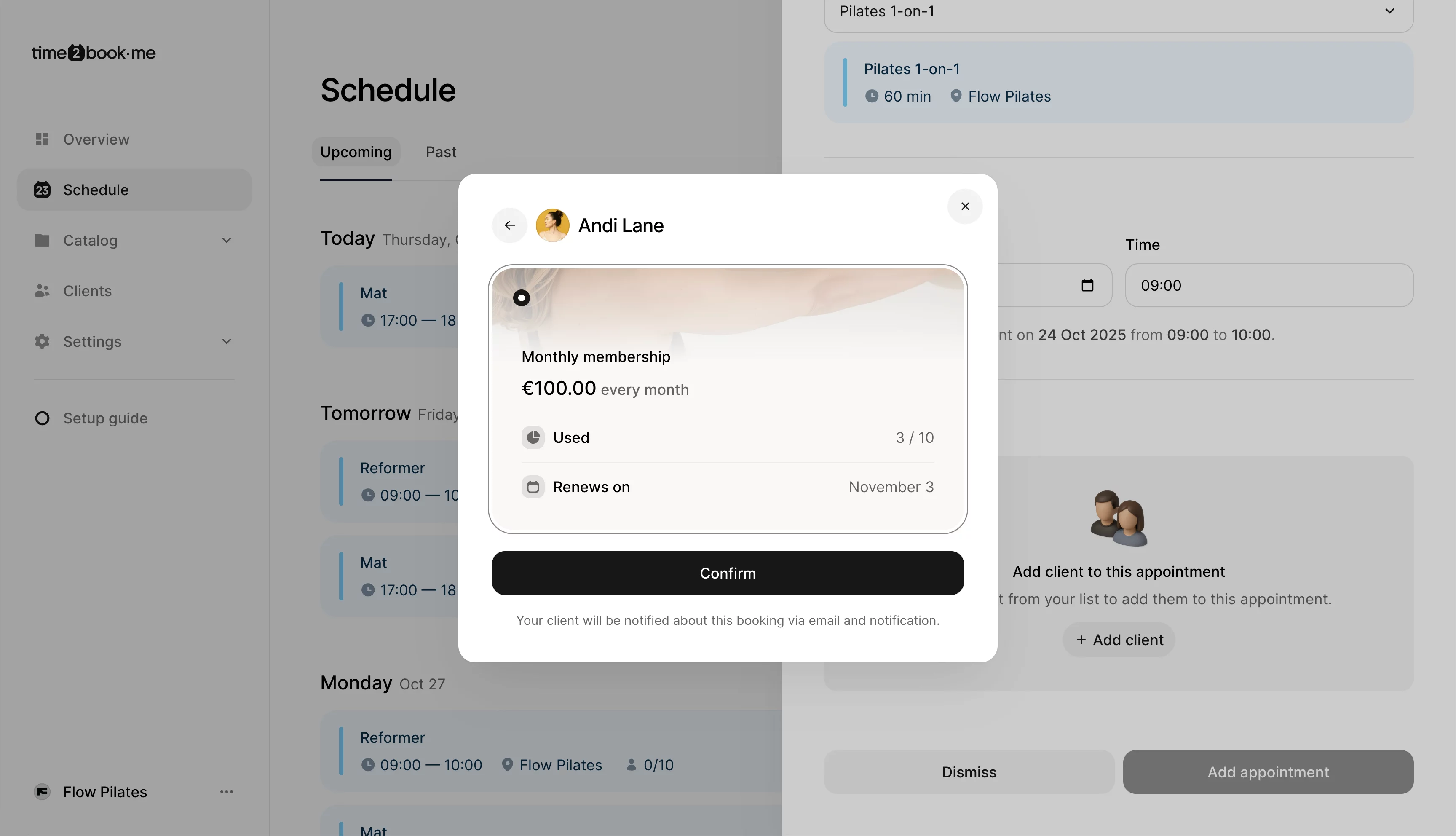 Membership selection dialog showing client’s active monthly plan used for the Pilates appointment.