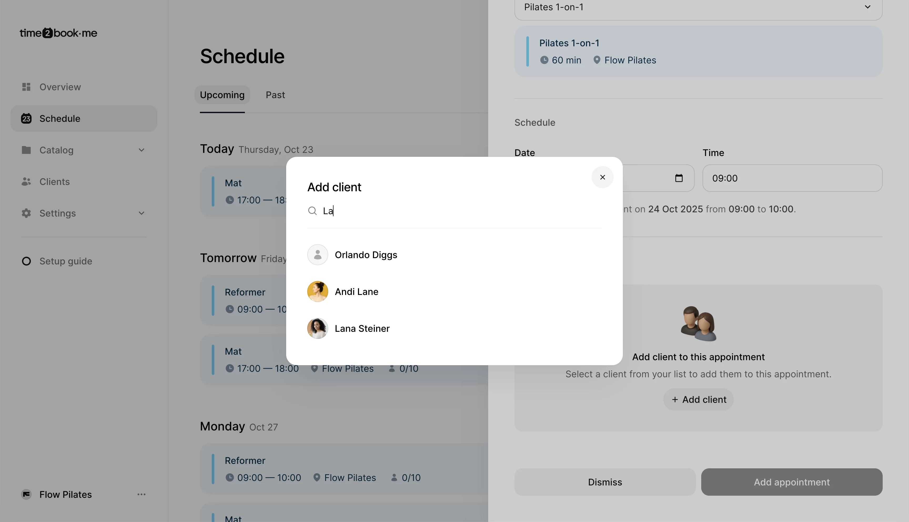 Dialog window in Time2book showing client search for a private Pilates appointment.