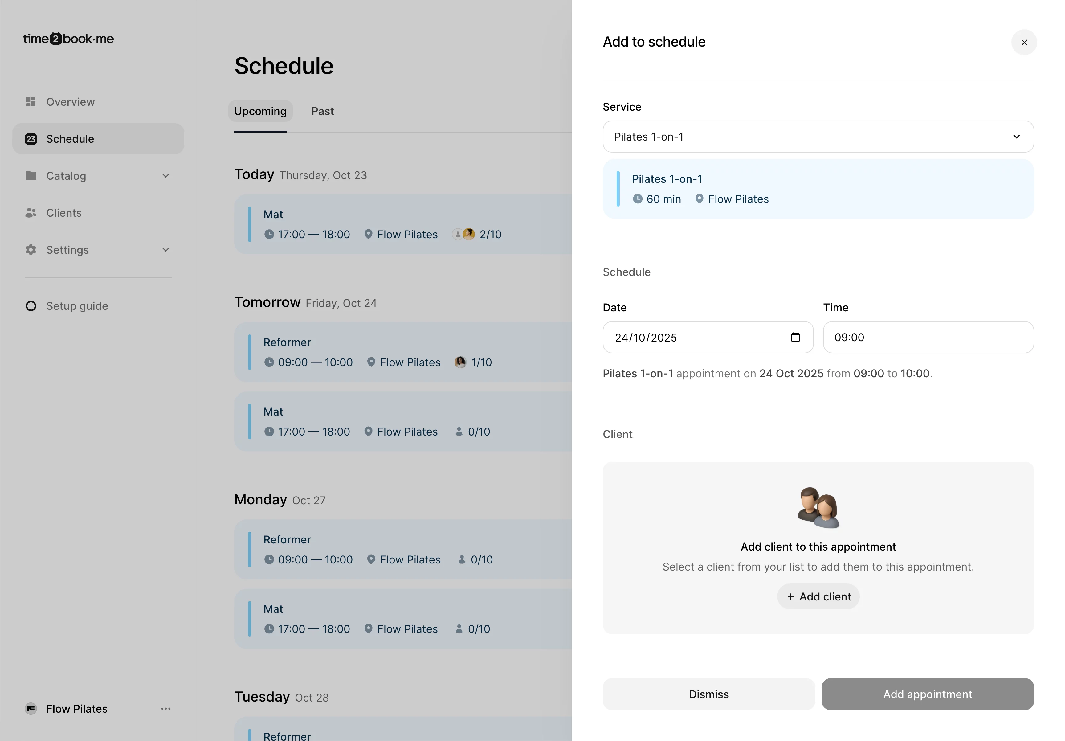Add to schedule panel in Time2book showing service selection and scheduling fields for a Pilates 1-on-1 appointment.