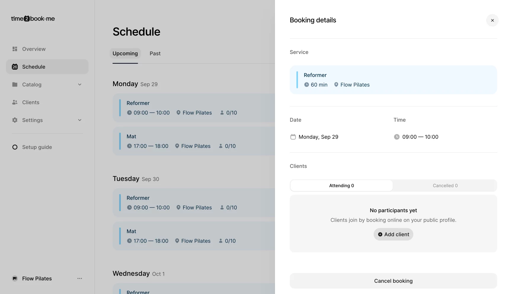 Time2book schedule view showing booking details for a Pilates reformer class on Monday, with option to add clients manually to the session.