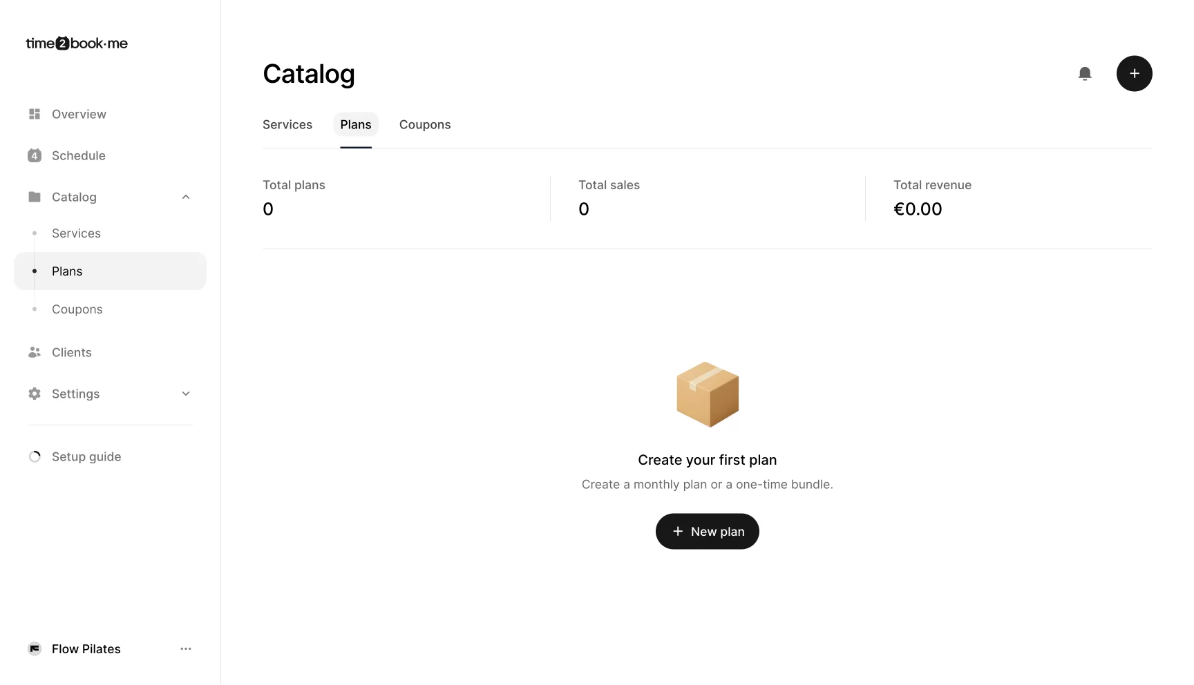 Catalog screen in Time2book prompting studio owners to create their first plan with a button to add a new recurring membership.