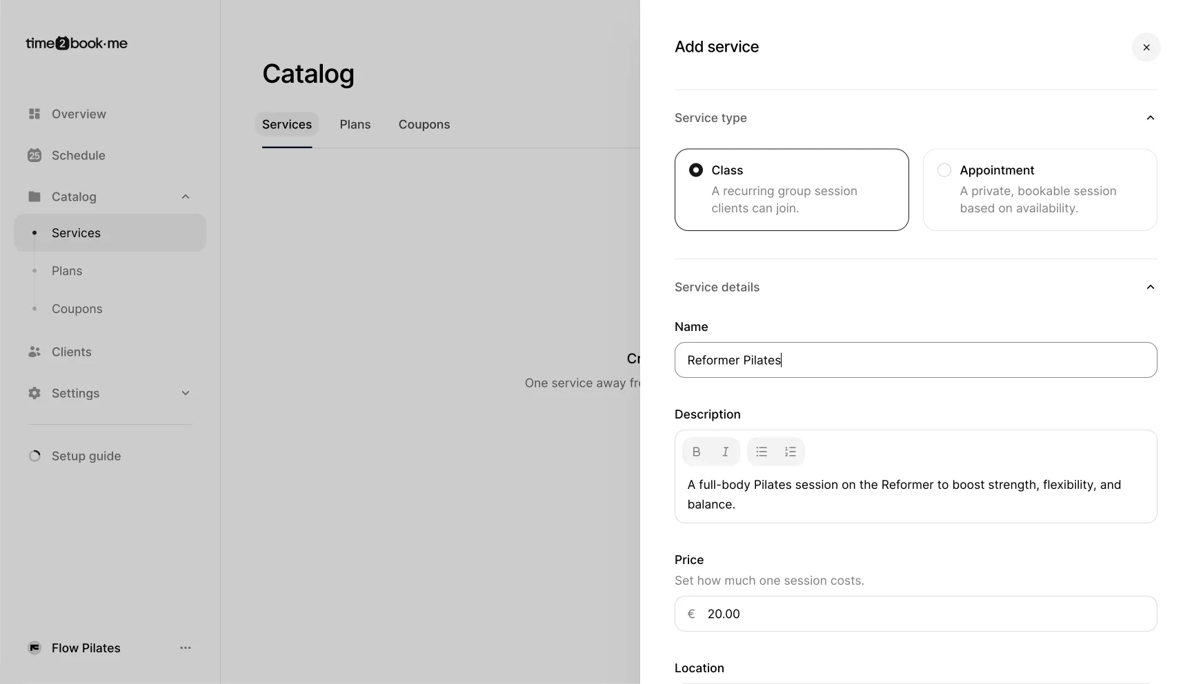 Add service dialog in Time2book showing how to create a new Pilates class with service type, name, description, price, and location fields.
