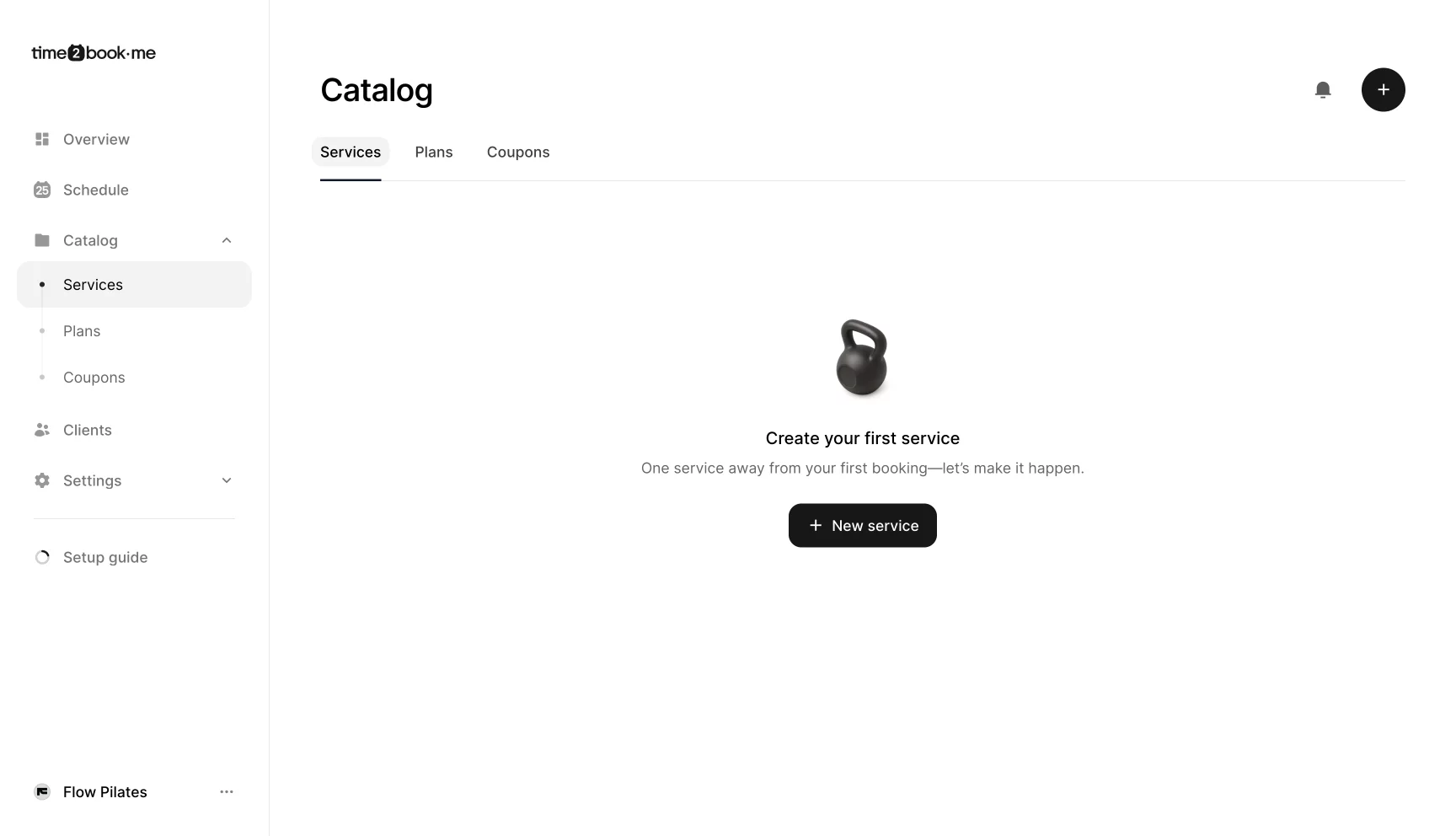 Catalog screen in Time2book prompting studio owners to create their first service, with a button to add a new class or appointment.