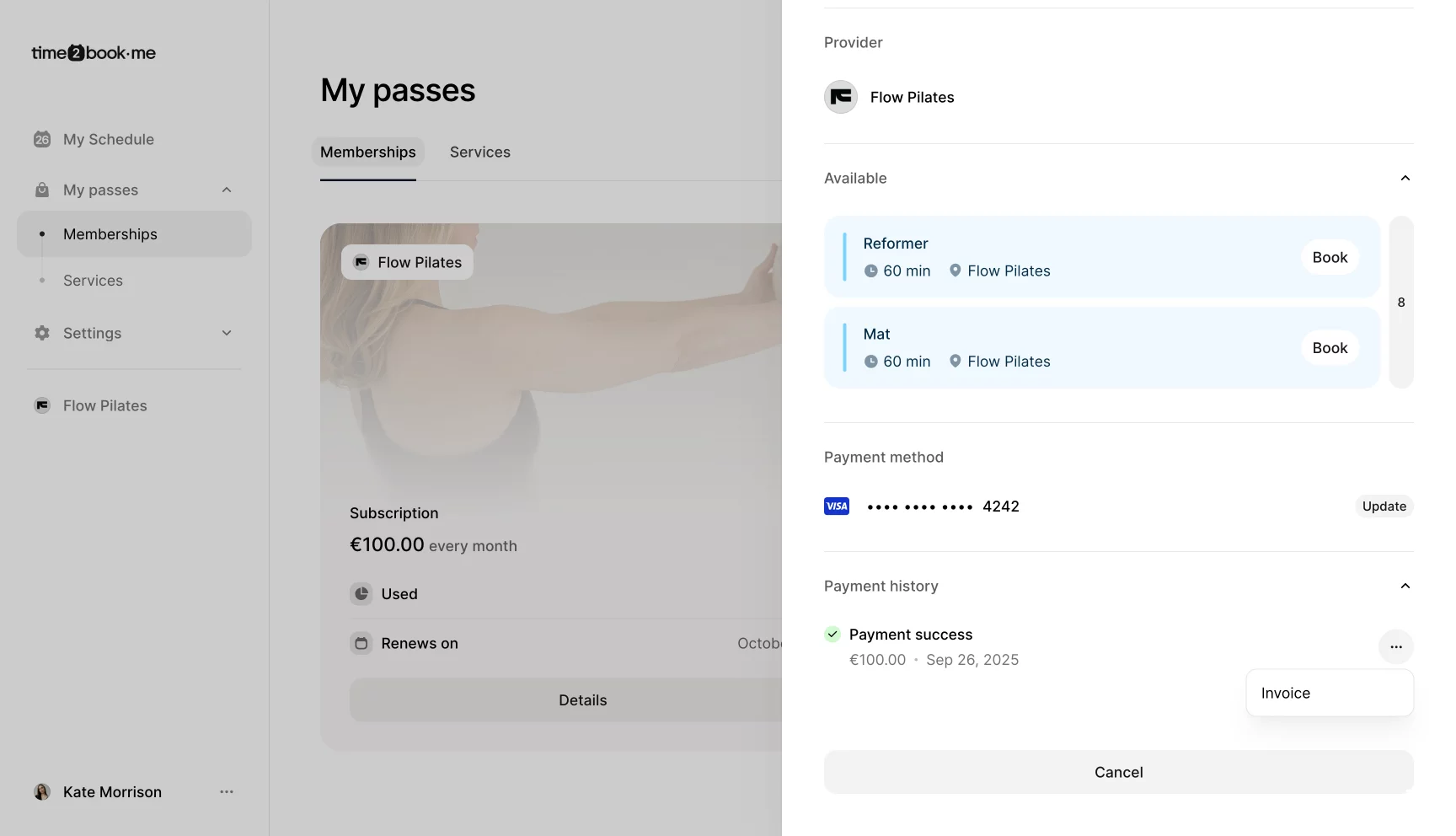 Membership details view in Time2book showing active Pilates subscription, payment method, history, and option to download invoice.