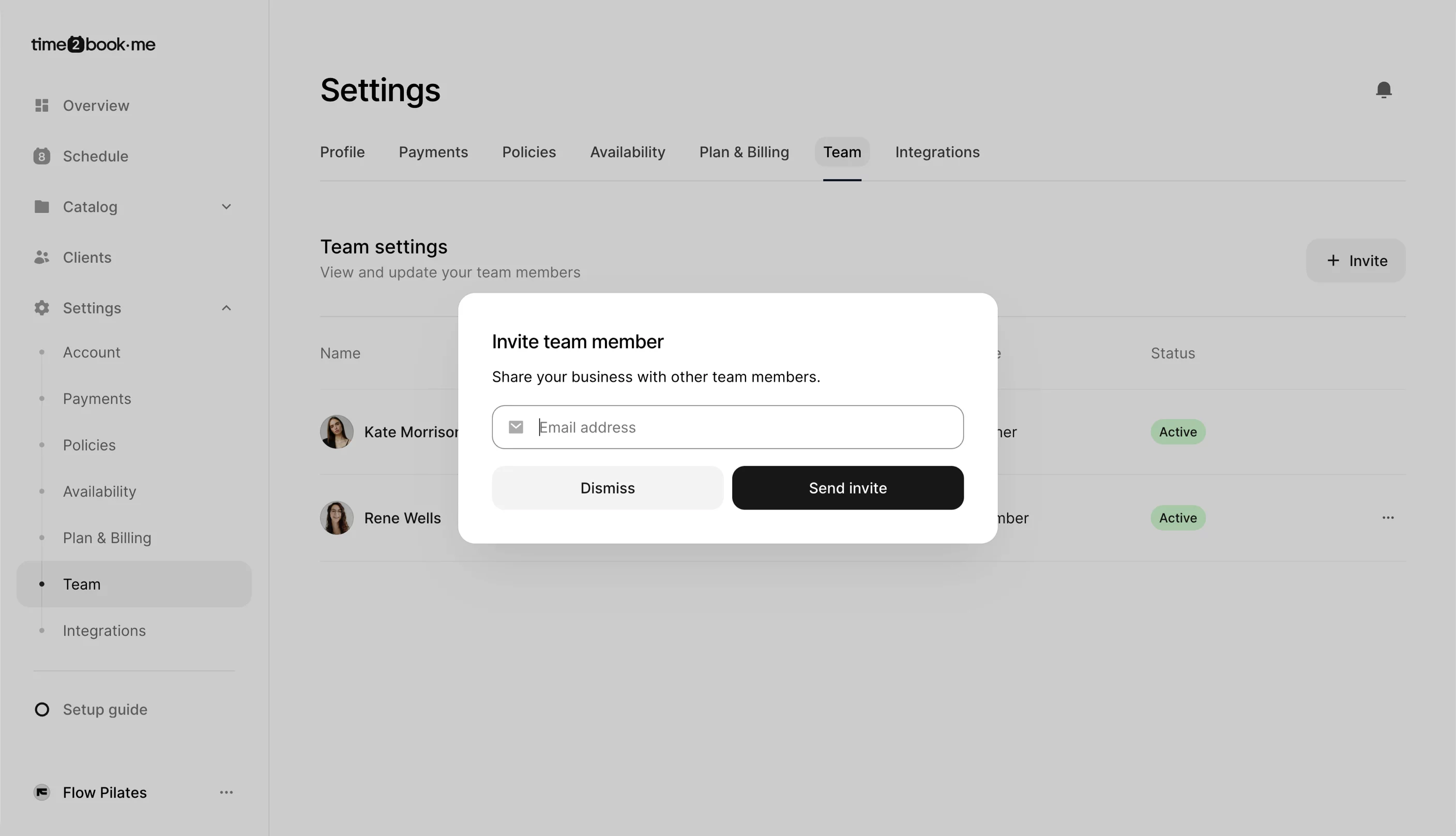 Invite team member dialog in Time2book with email field and send invite button.