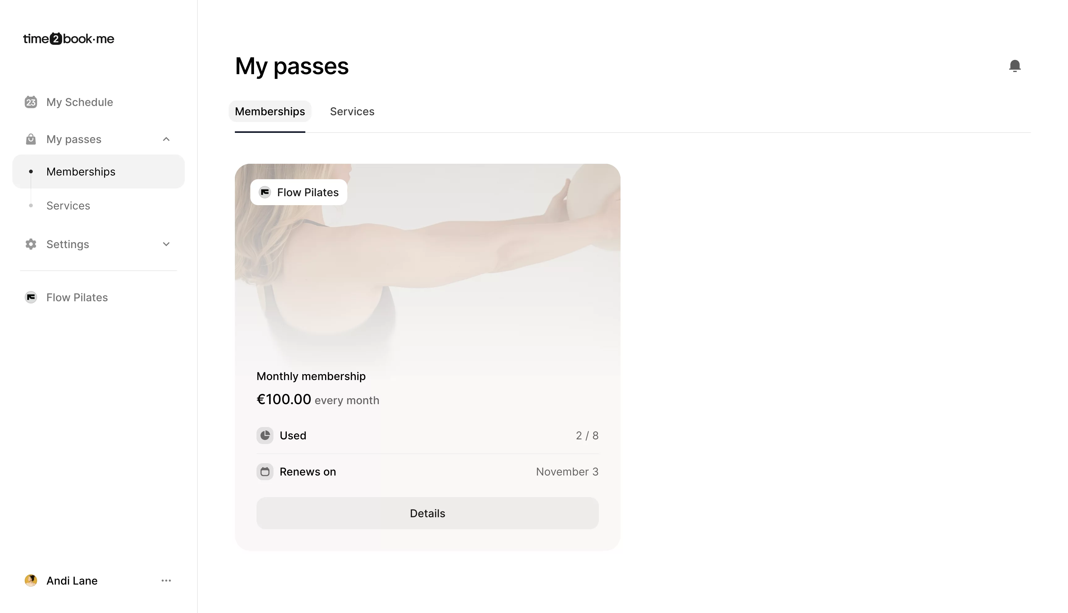 Membership details panel in Time2book with class options and payment method information