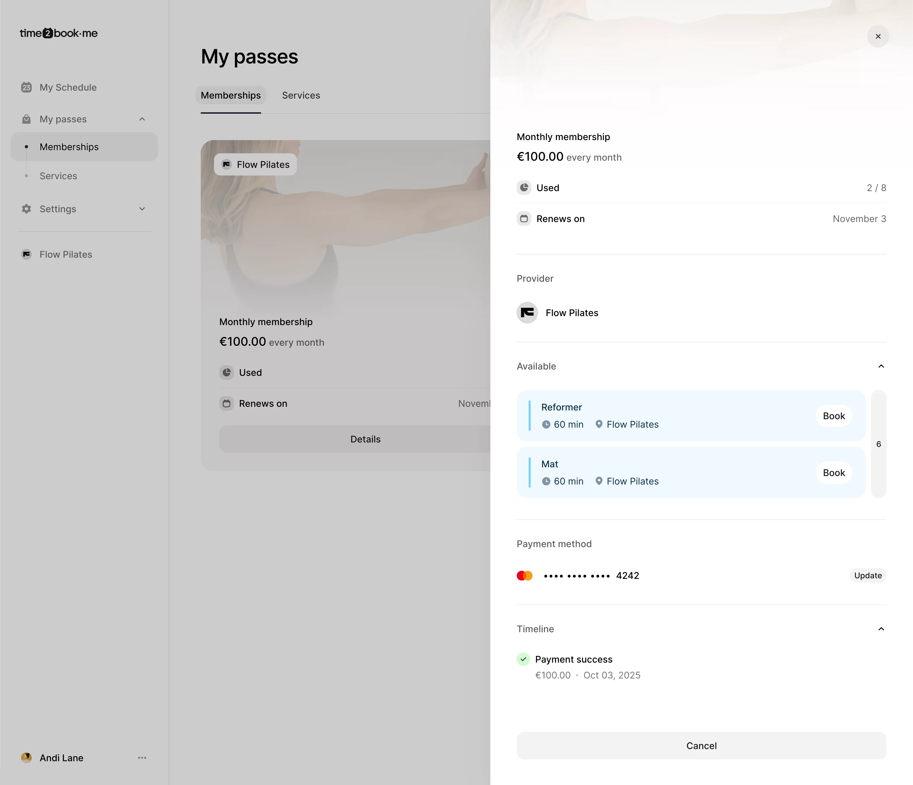 Membership details panel in Time2book with class options and payment method information