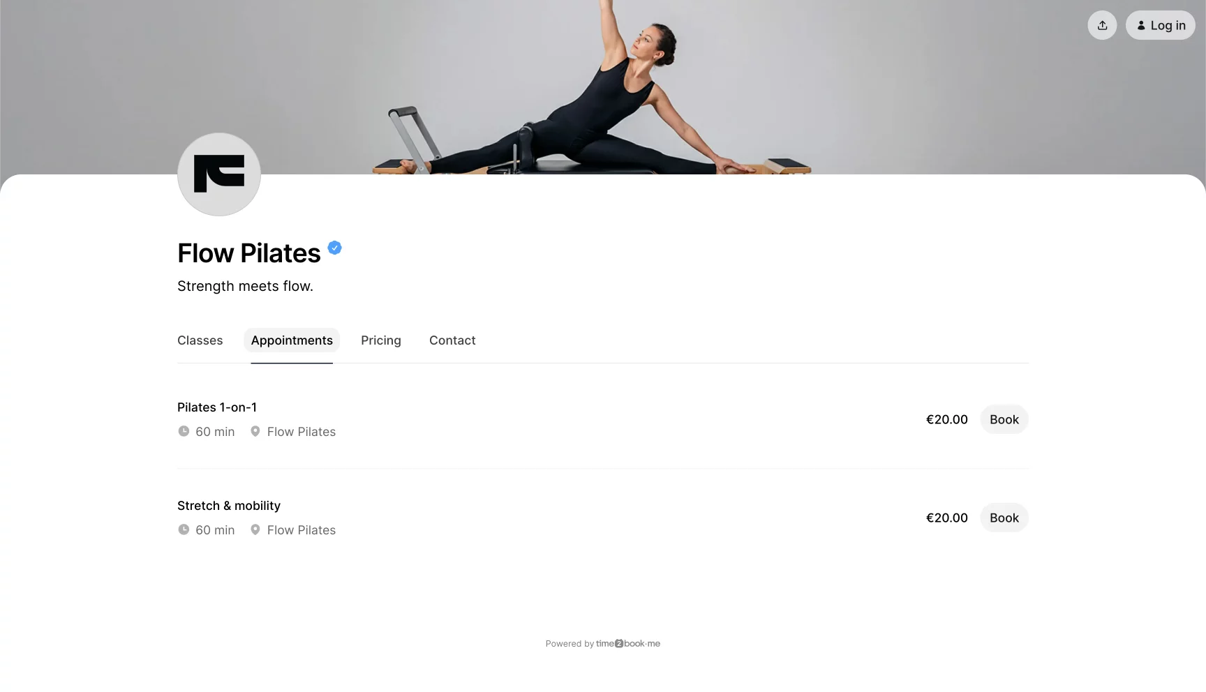 Public profile page of a Pilates studio in Time2book displaying available appointment services like Pilates 1-on-1 and Stretch &amp; Mobility with pricing.
