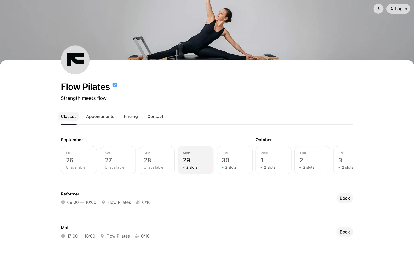 Public profile page in Time2book for Flow Pilates, showing class schedule with available slots, booking buttons, and studio details.