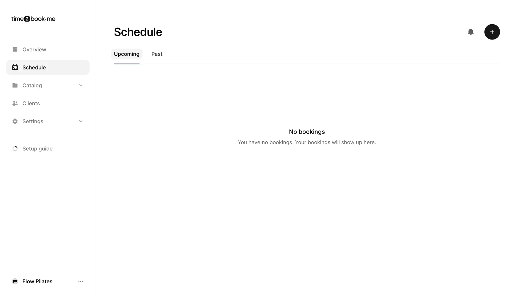 Empty schedule view in Time2book showing no upcoming bookings, with tabs to switch between upcoming and past sessions.
