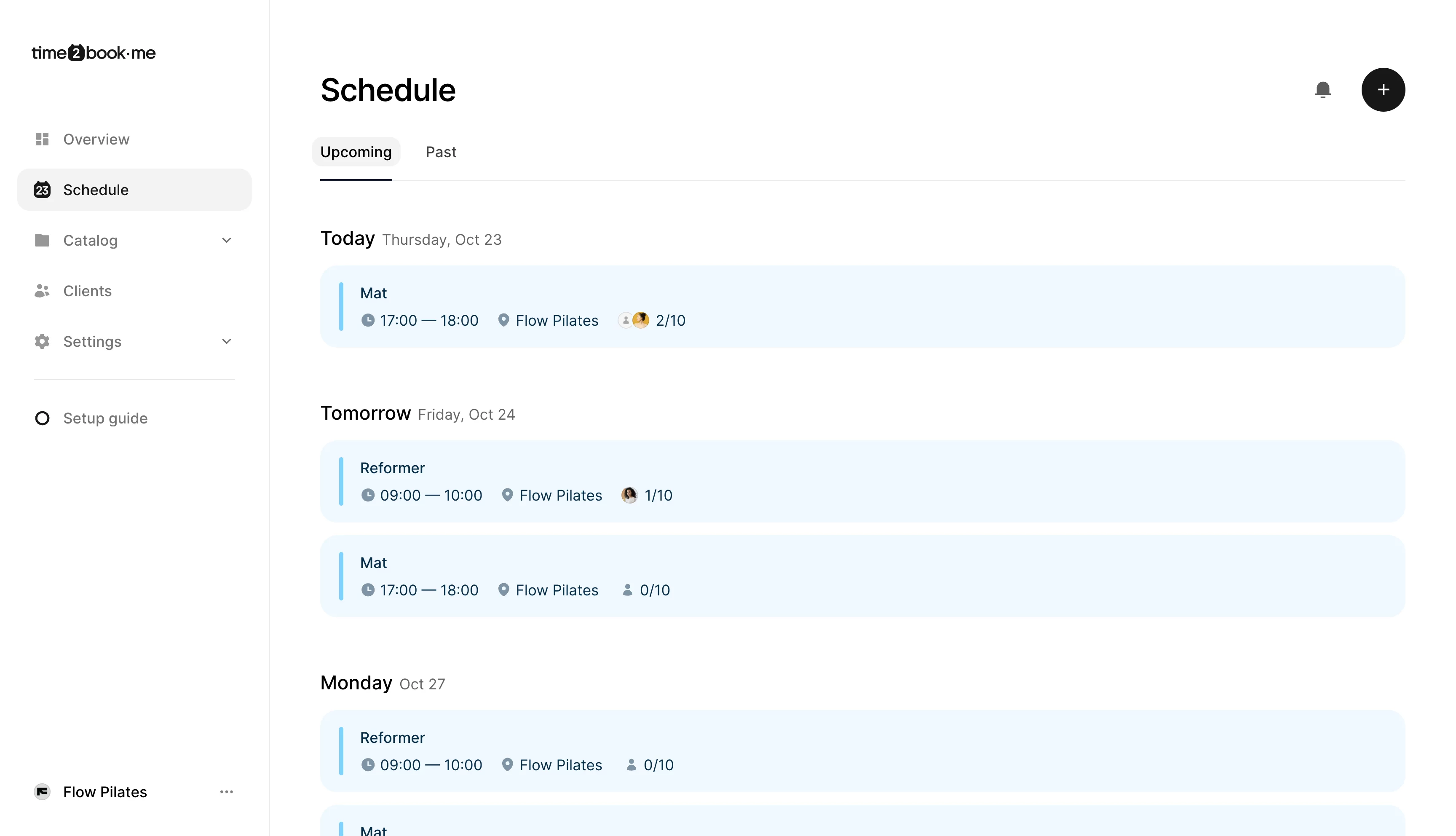 Time2book schedule view showing upcoming Pilates sessions with option to add a new appointment.