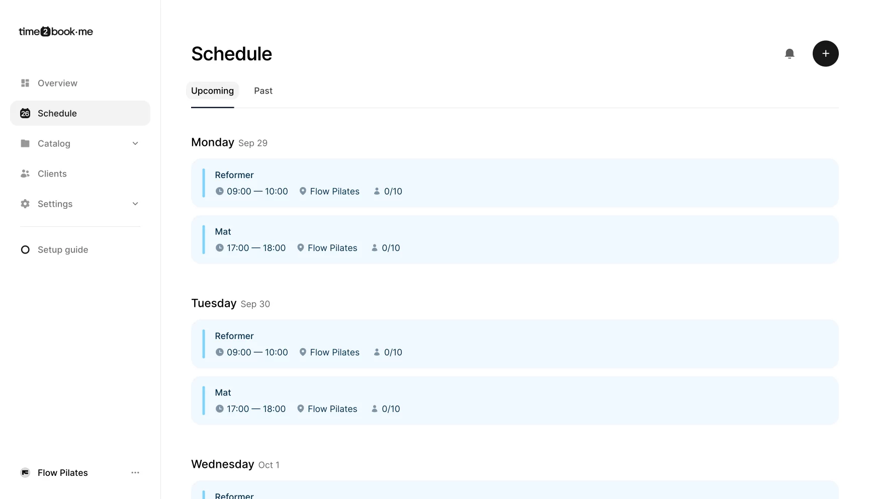 Time2book schedule displaying upcoming Pilates classes, including Reformer and Mat sessions with dates, times, and available slots.