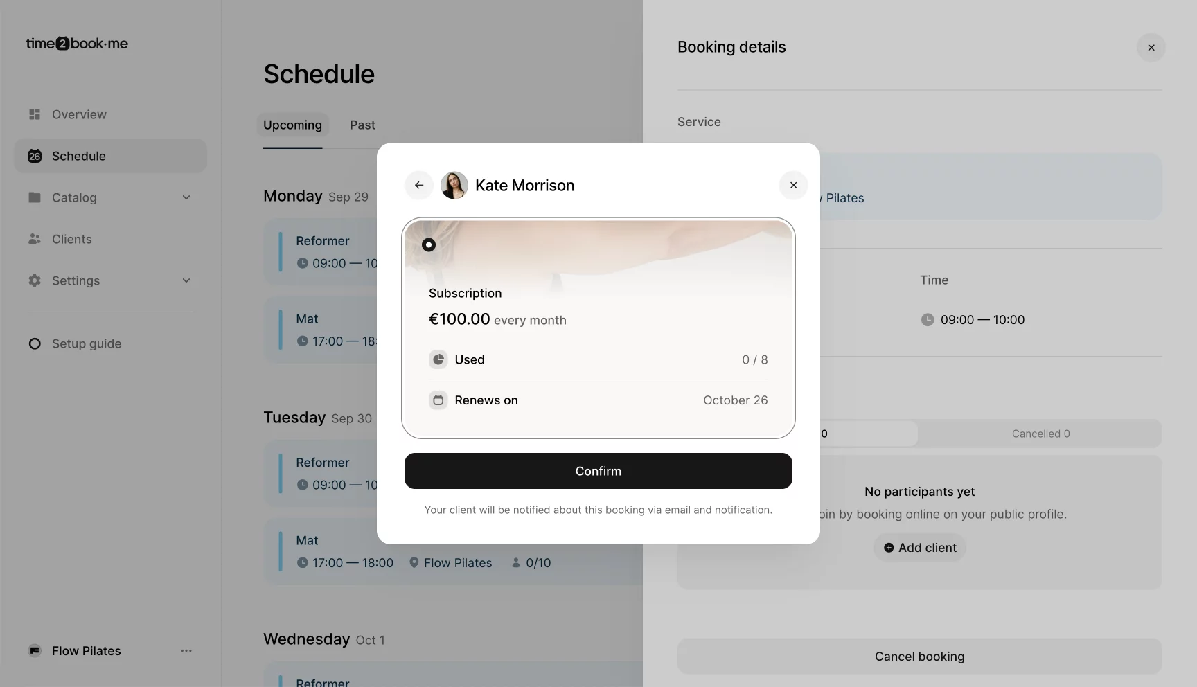 Time2book client membership selection dialog showing subscription details (€100 monthly) when adding a client to a Pilates class booking.