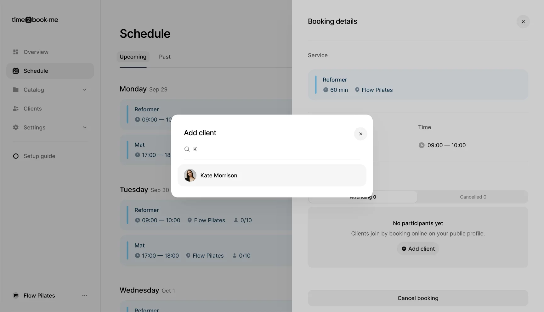 Time2book add client dialog showing search for a Pilates class participant by name, with client profile appearing for selection.