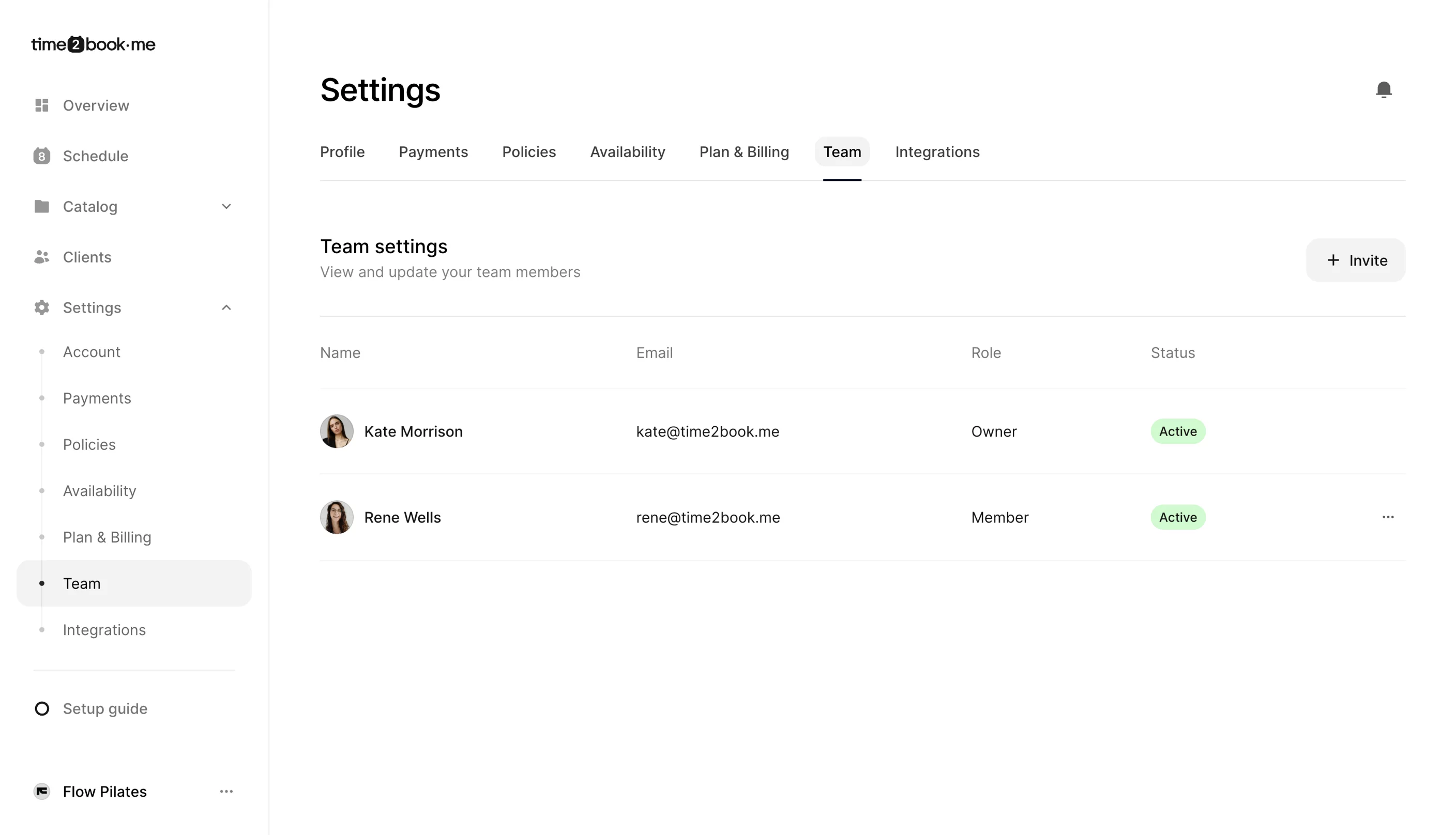 Team settings page in Time2book showing existing team members with roles and status.