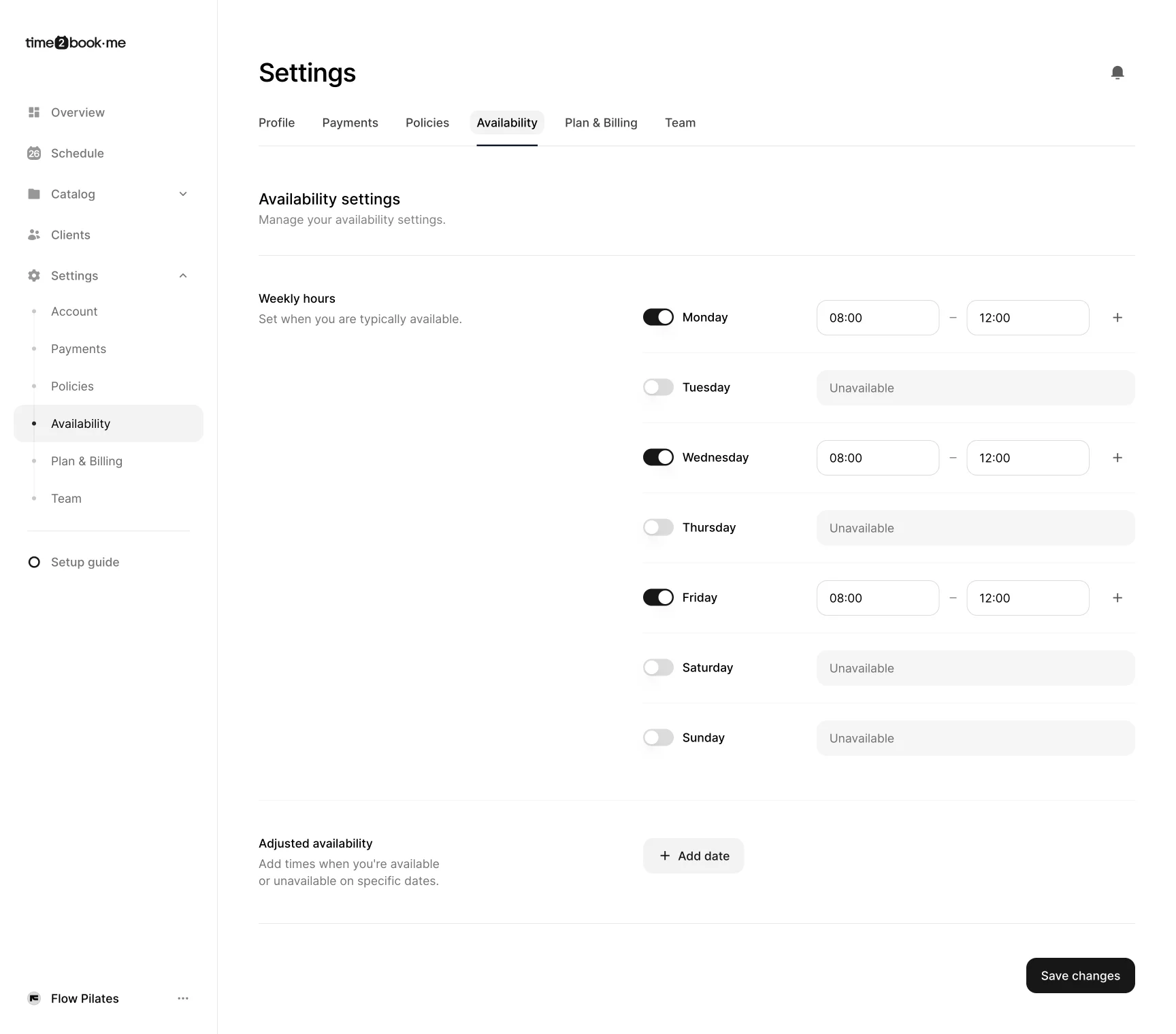 Availability settings in Time2book showing how to set weekly working hours, adjust availability by day, and save changes.