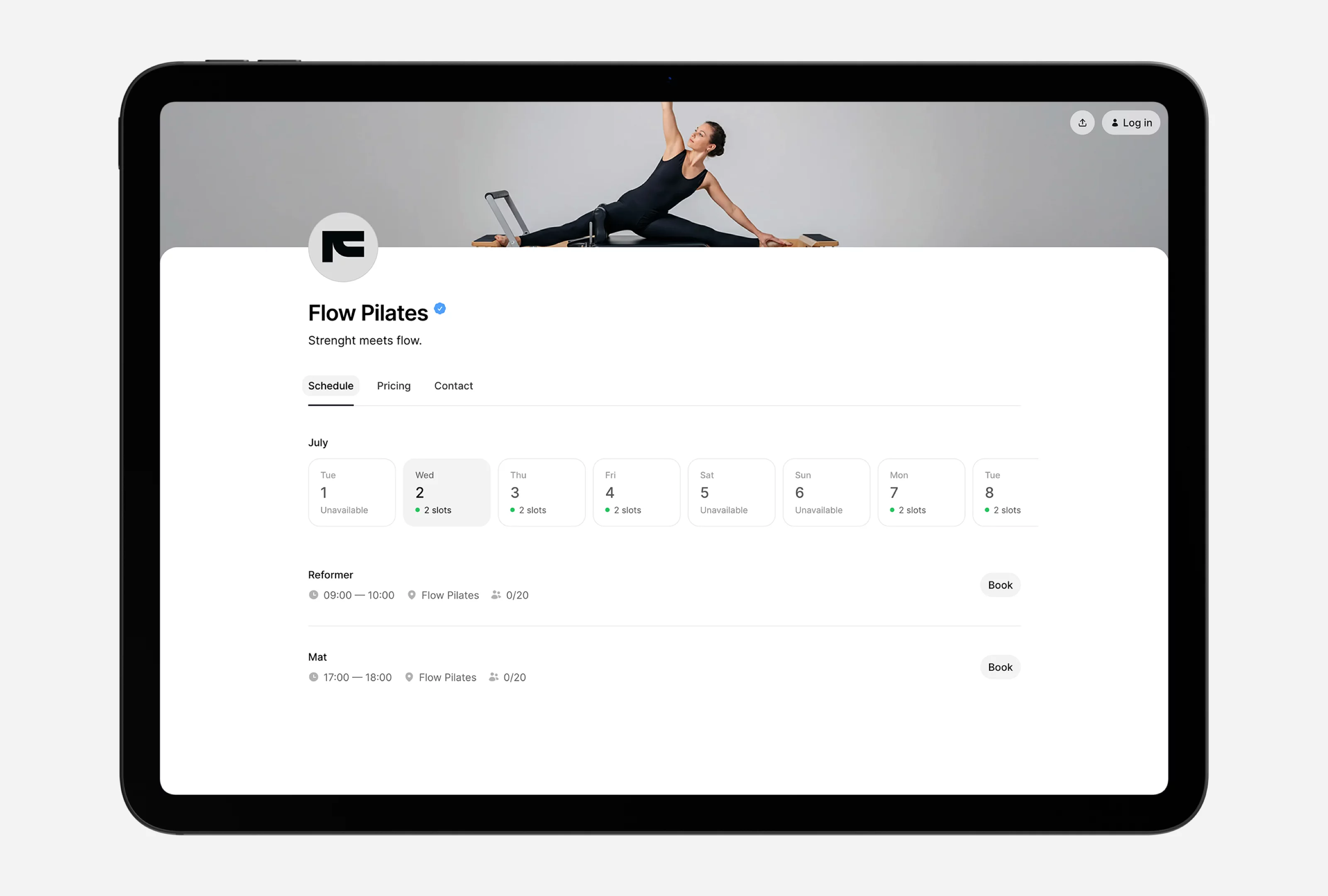 Tablet screen displaying a Pilates studio's online booking profile via time2book, showing weekly class schedule, available slots, and class types like Mat and Reformer.