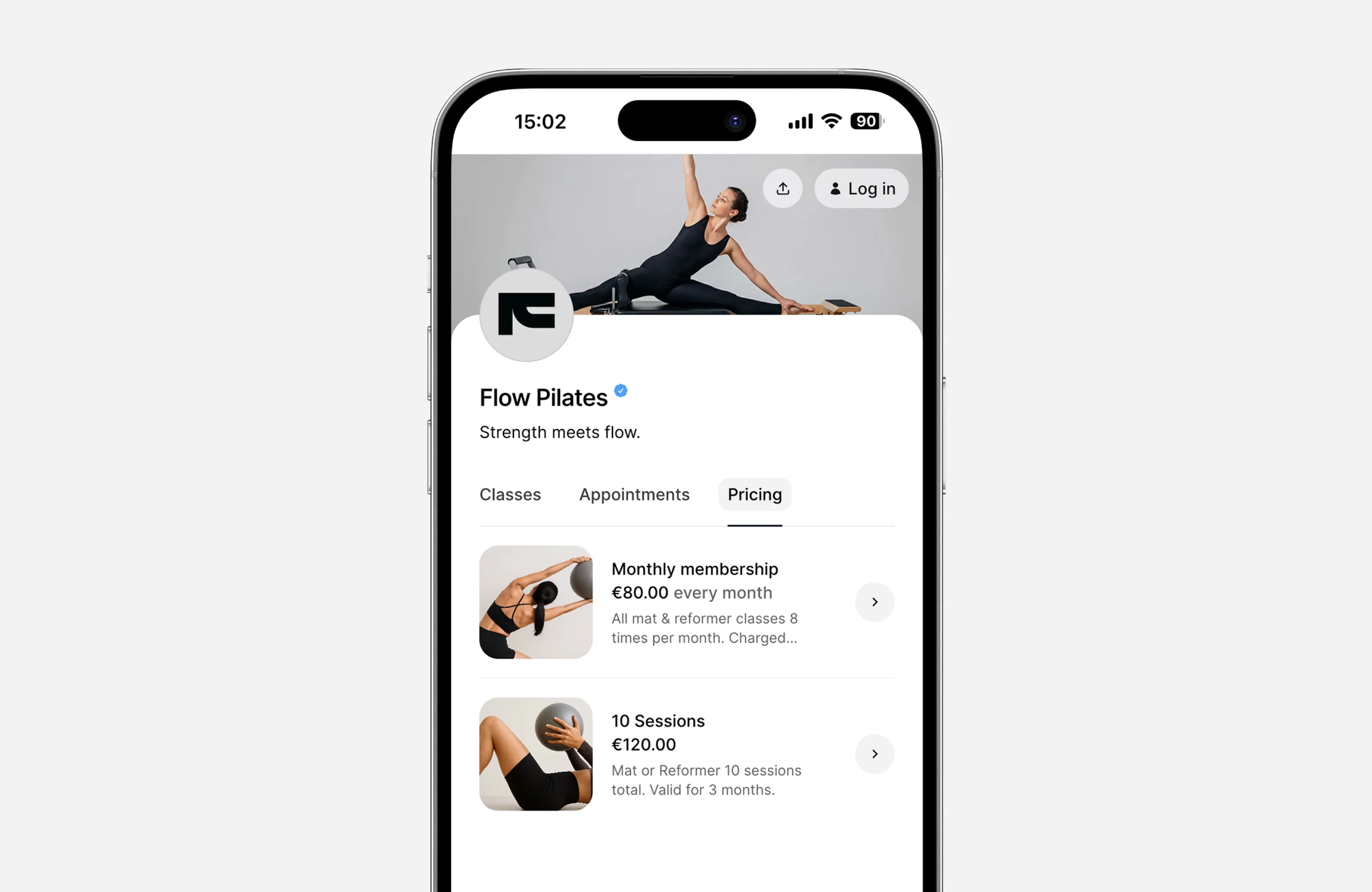 Time2book Pilates studio public profile showing membership and class pack pricing on a mobile phone.