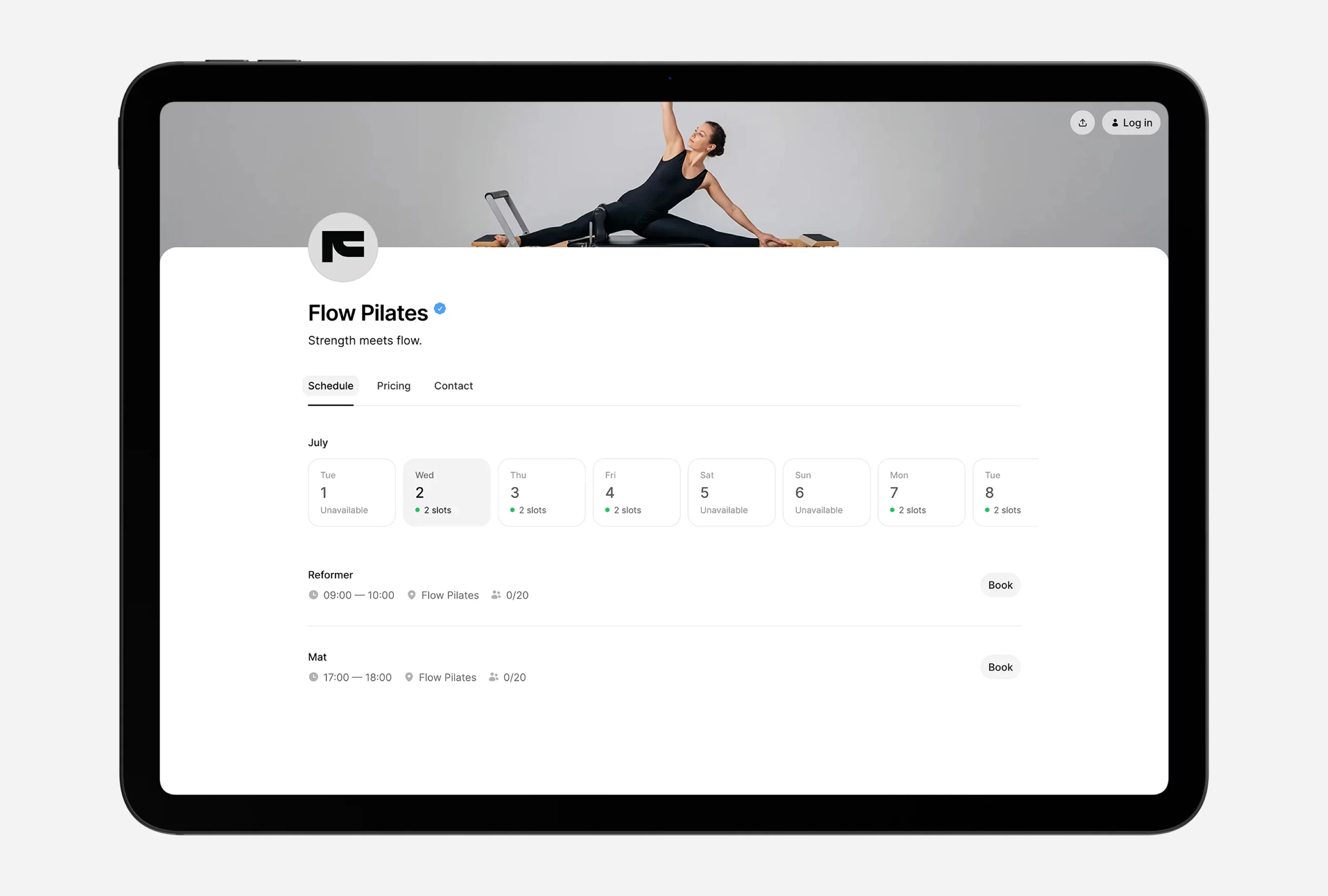 Small Pilates studio booking and payment system on tablet – time2book interface