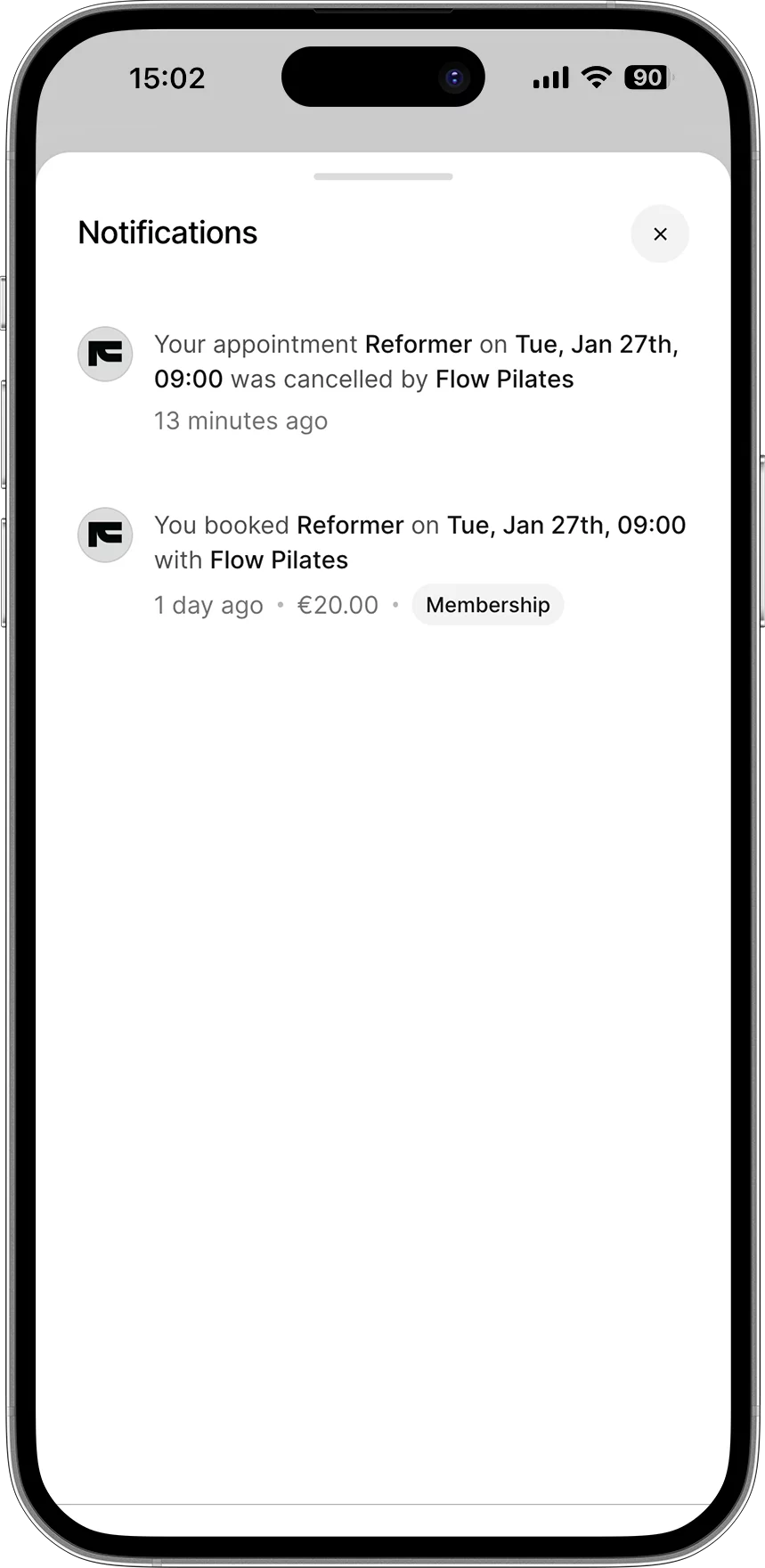 Client notifications and reminders in booking app