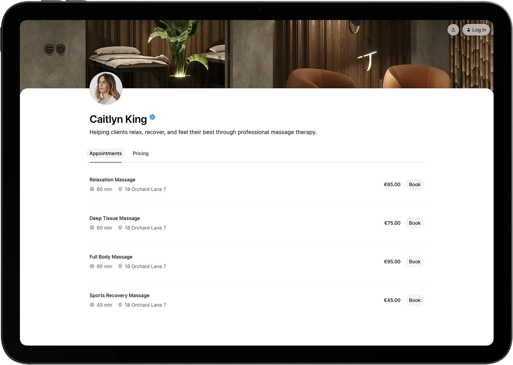 Massage therapist scheduling software with profile and pricing plans