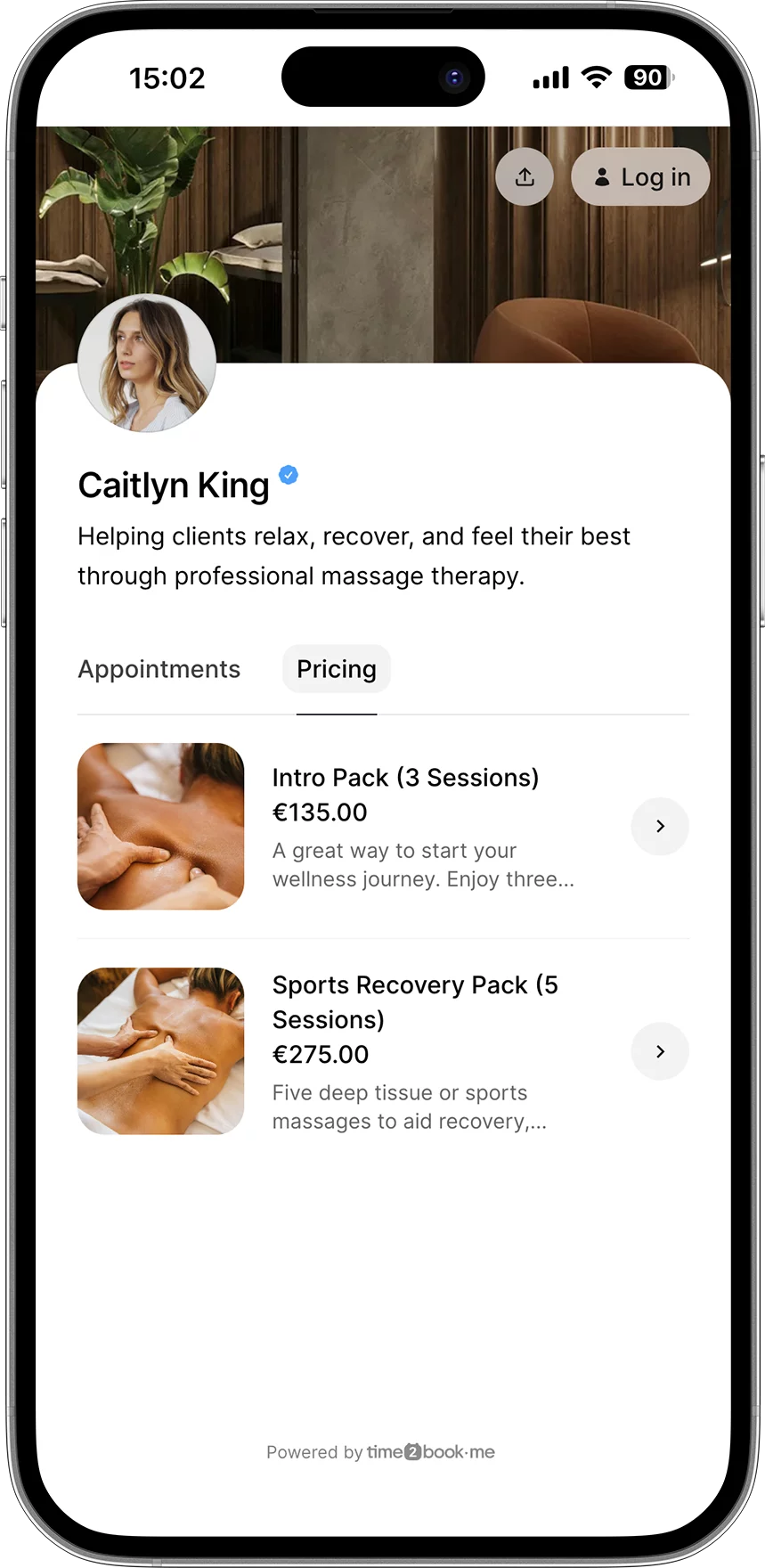 Massage therapist scheduling software showing appointments and pricing