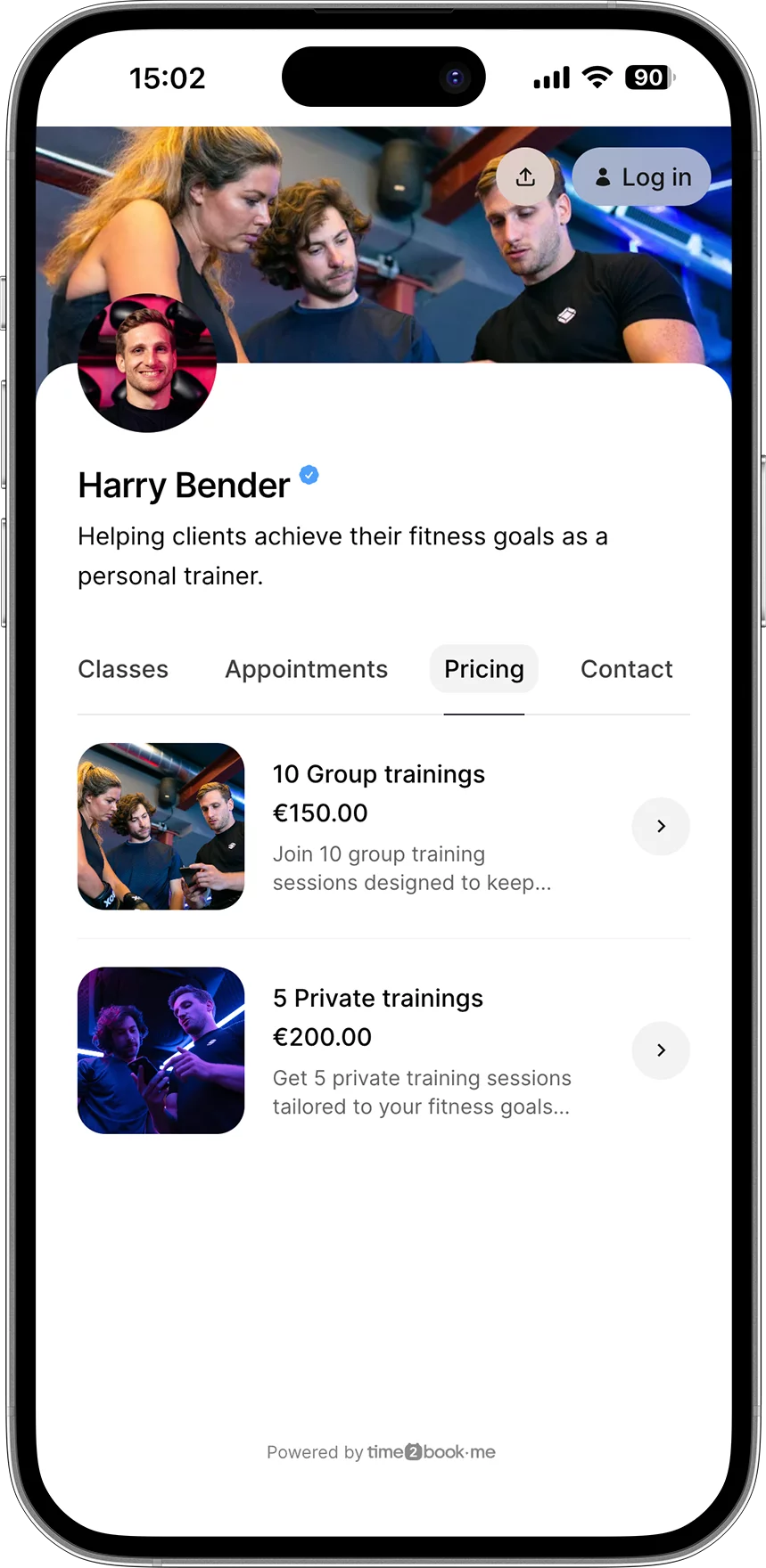 Personal trainer scheduling software showing appointments and pricing