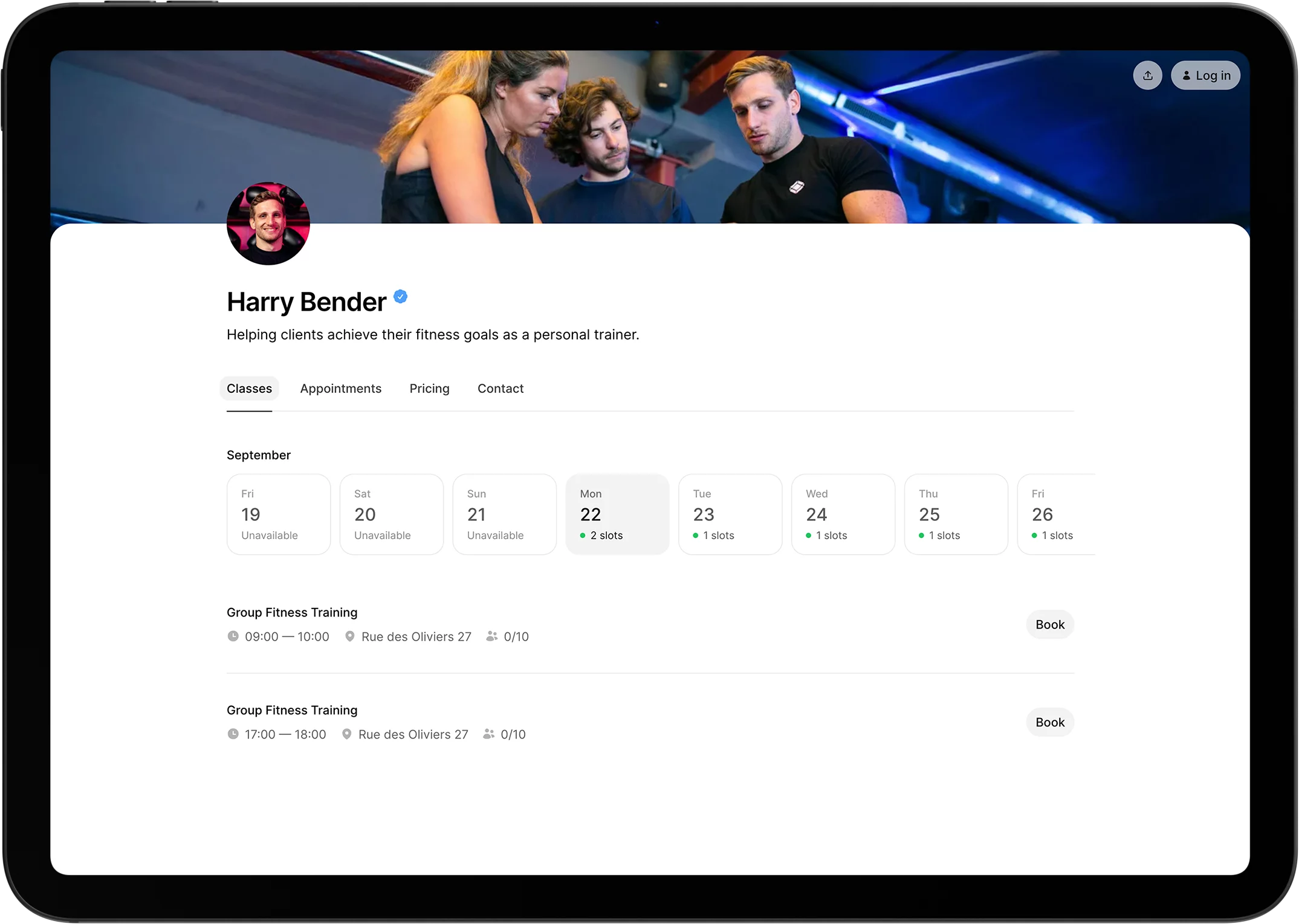 Personal tainer scheduling software with profile and pricing plans