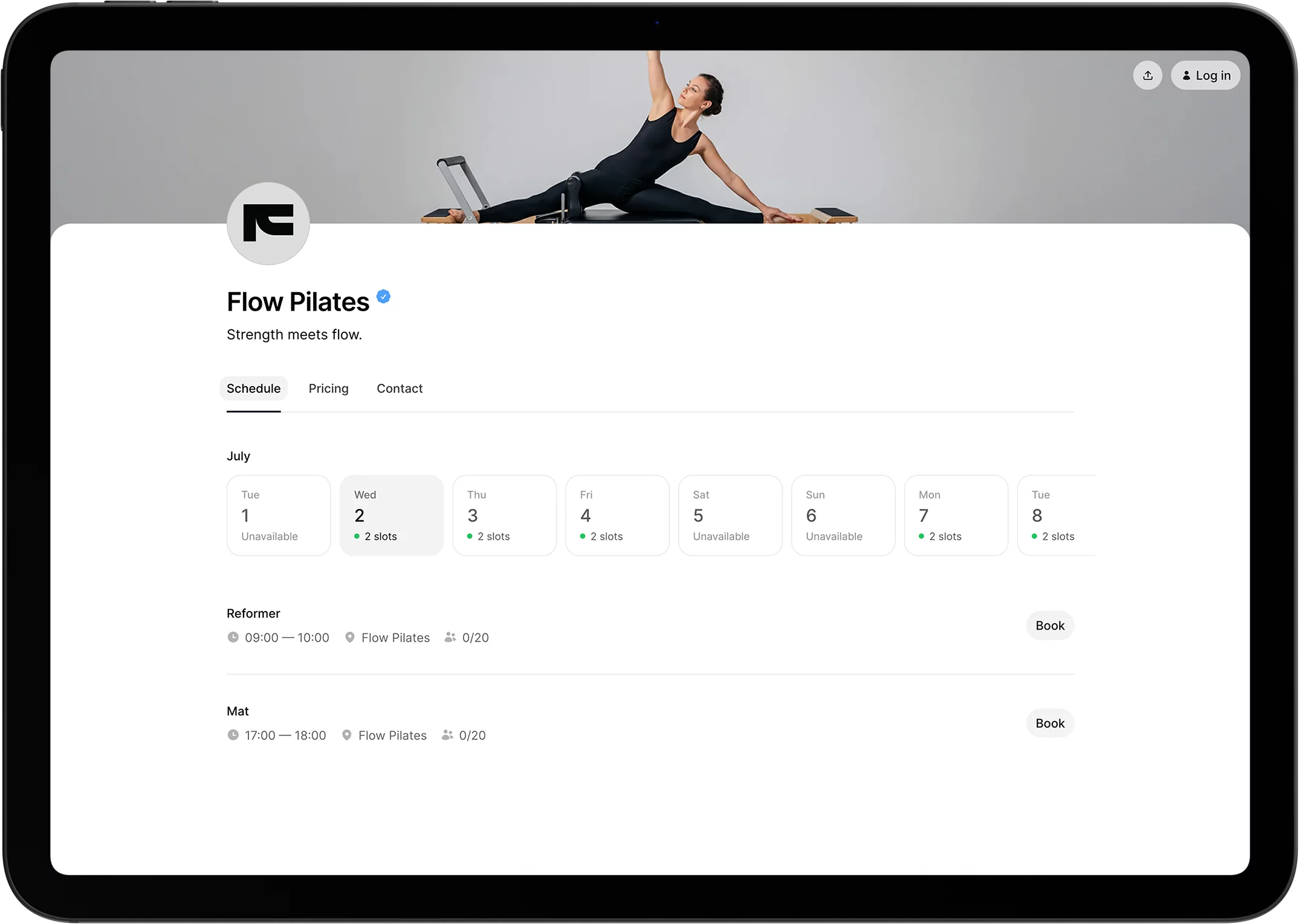 Screen displaying a Pilates Studio public profile with booking options for Mat Pilates and Reformer Pilates, showing prices, durations, and service tabs like Services, Plans, and Contact.