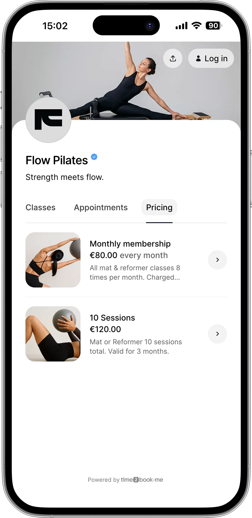 Pilates Studio Booking Page with Pricing plans of Drop-in, Memberships and Packages.