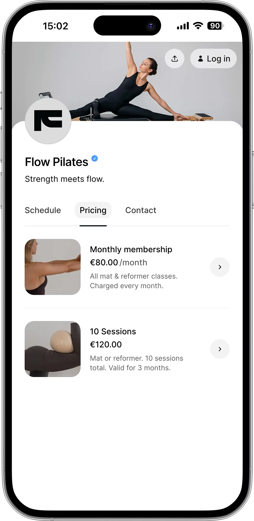 Pilates Studio Booking Page with Pricing plans of Drop-in, Memberships and Packages.