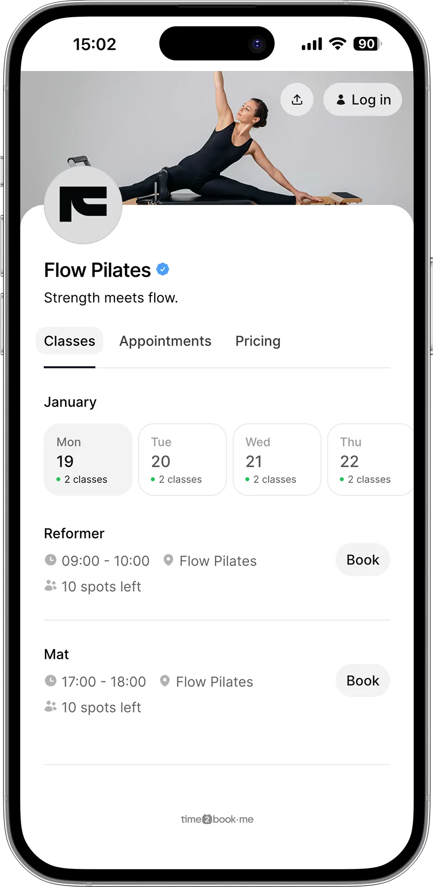 Class booking page for Pilates studio
