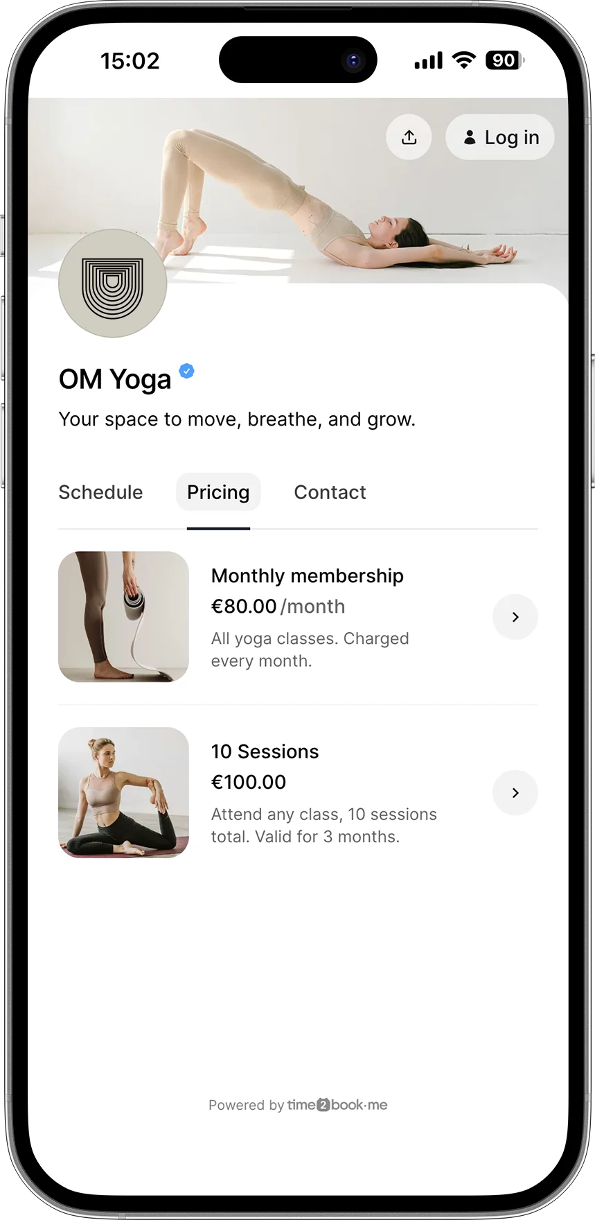 Modern yoga scheduling software with studio profile showing available services and classes